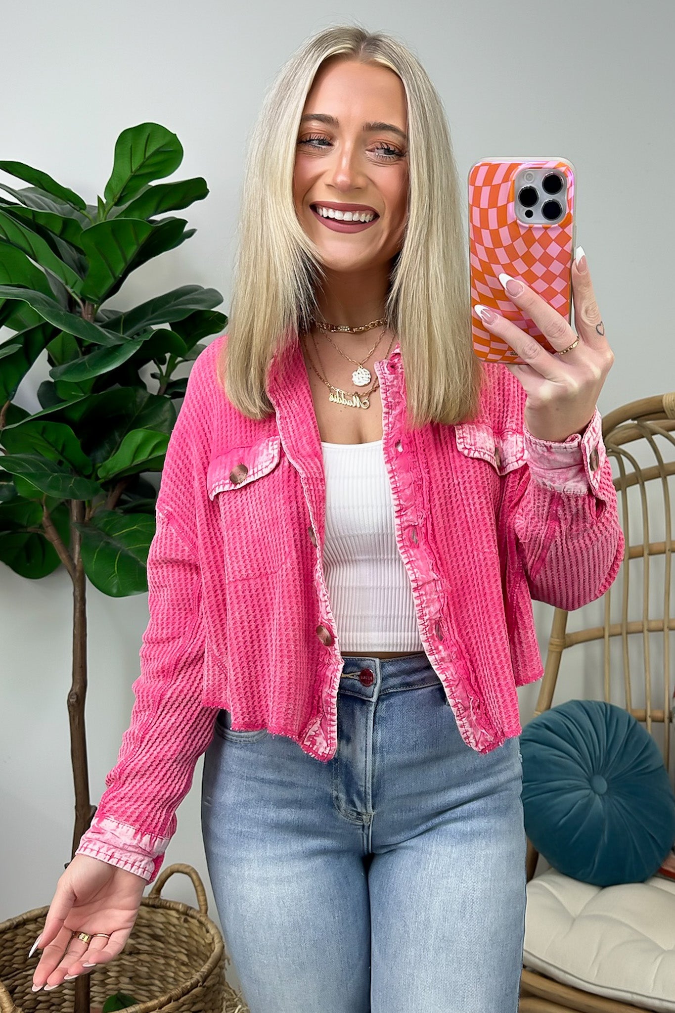 Friday Feelings Acid Wash Cropped Waffle Knit Shacket - FINAL SALE - Madison and Mallory