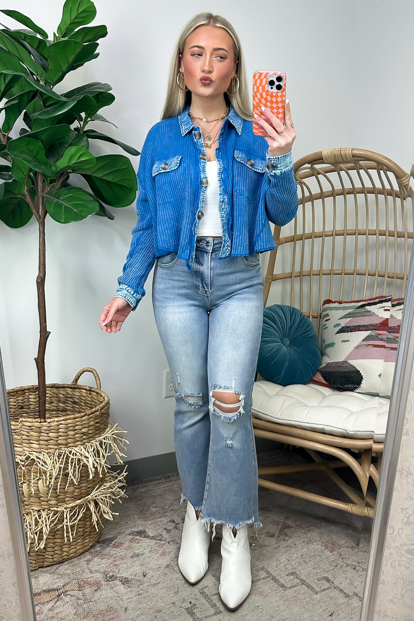 Friday Feelings Acid Wash Cropped Waffle Knit Shacket - FINAL SALE - Madison and Mallory
