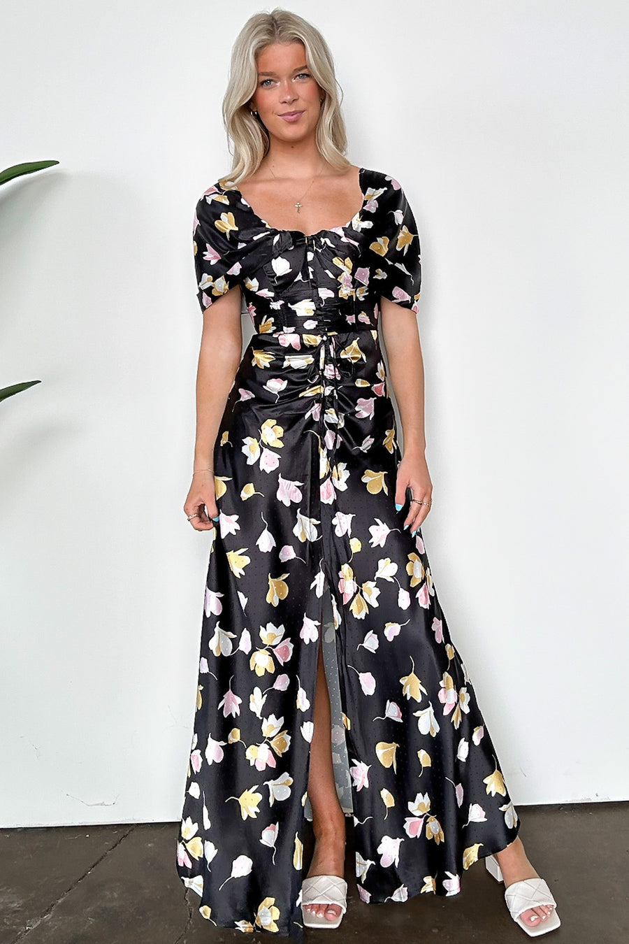 S / Black Gorgeous Purpose Floral Ruched Slit Maxi Dress - Madison and Mallory