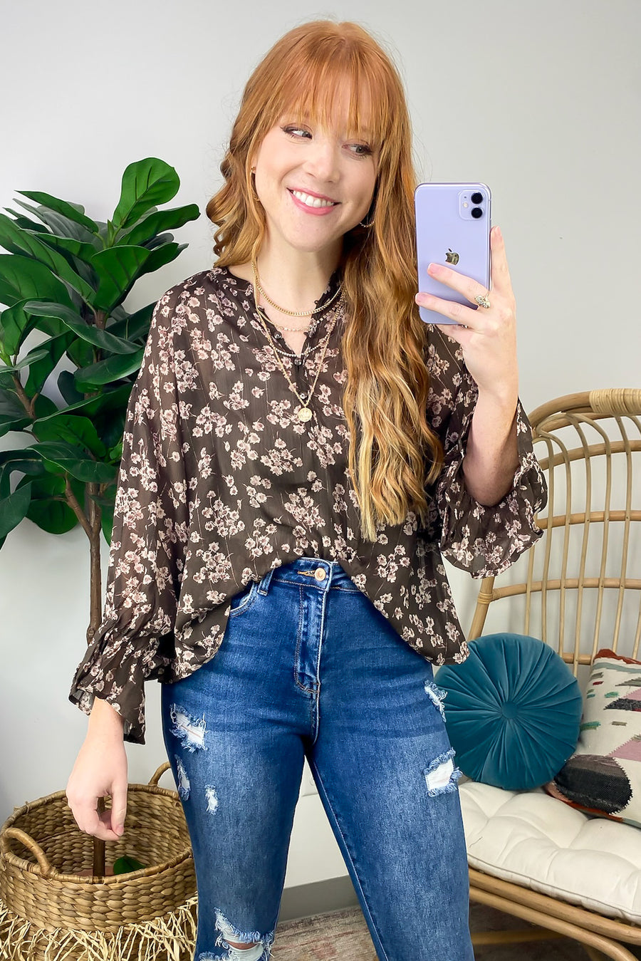 Brown Multi / S Graceful Energy Button Detail Floral Top - FINAL SALE - Madison and Mallory