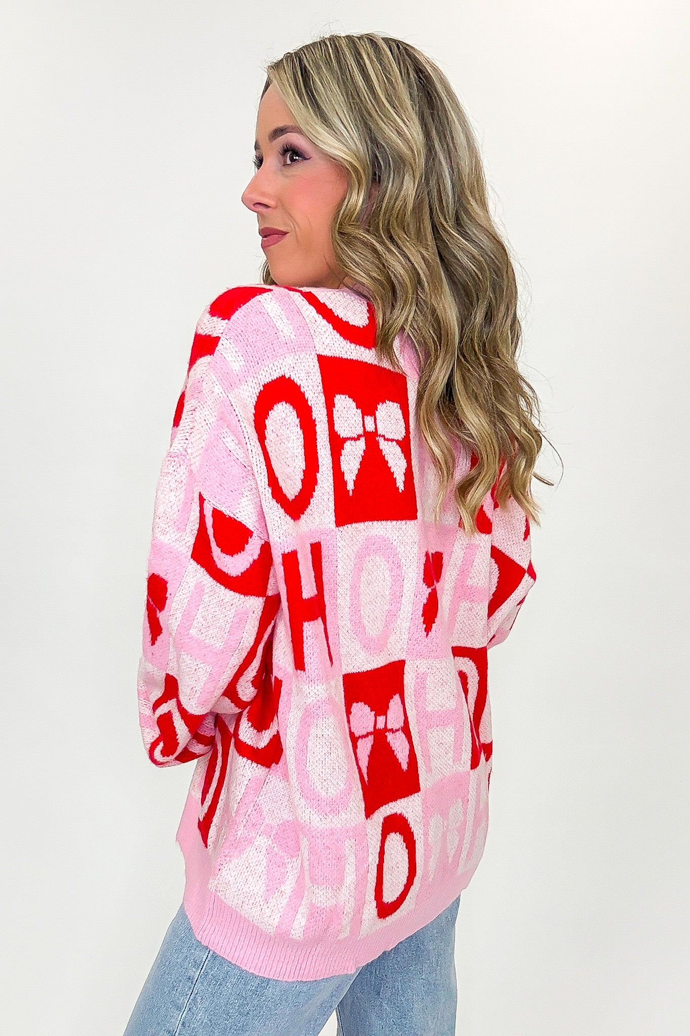 HO HO Holiday Bow Check Knit Sweater