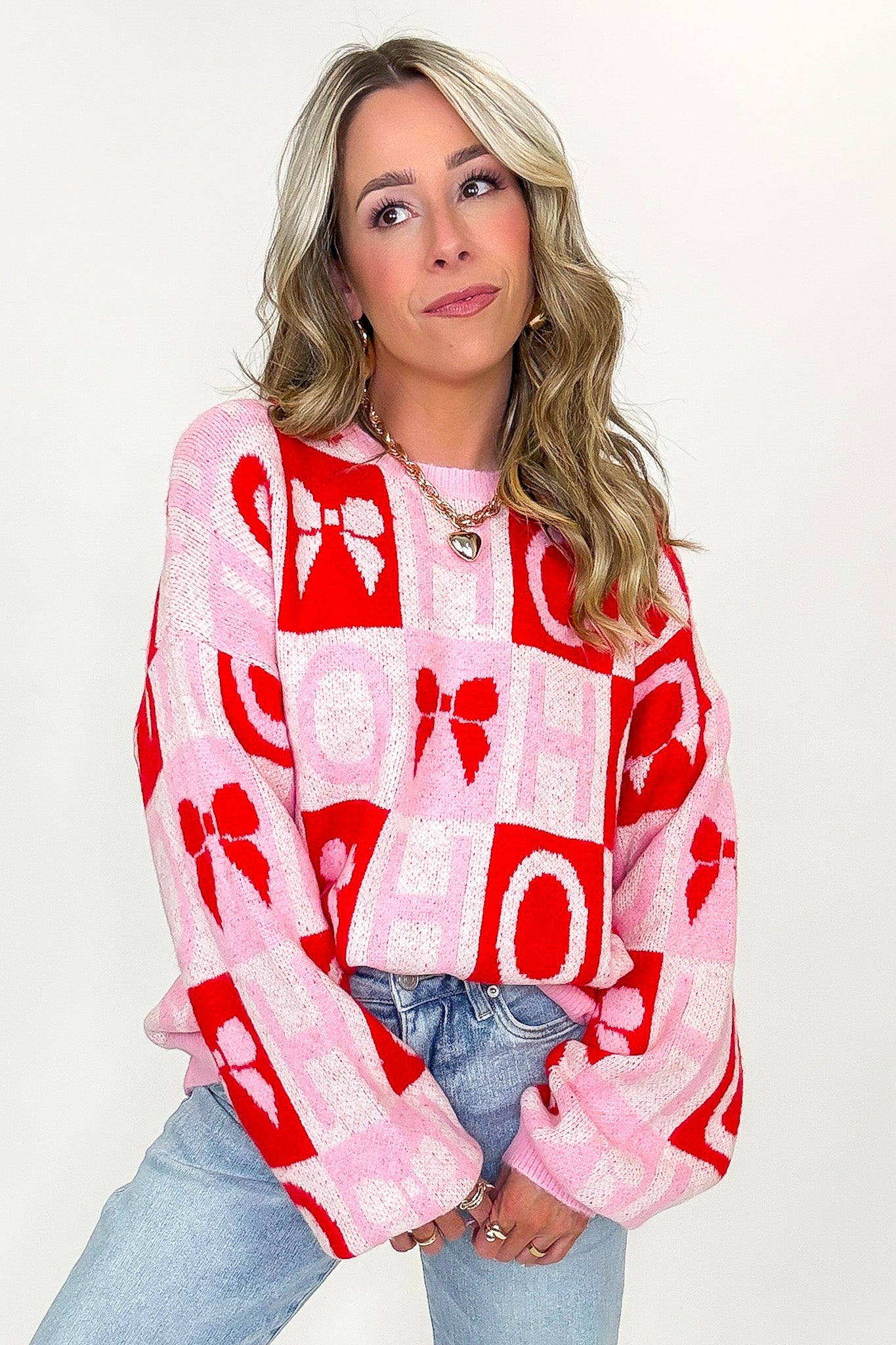 HO HO Holiday Bow Check Knit Sweater
