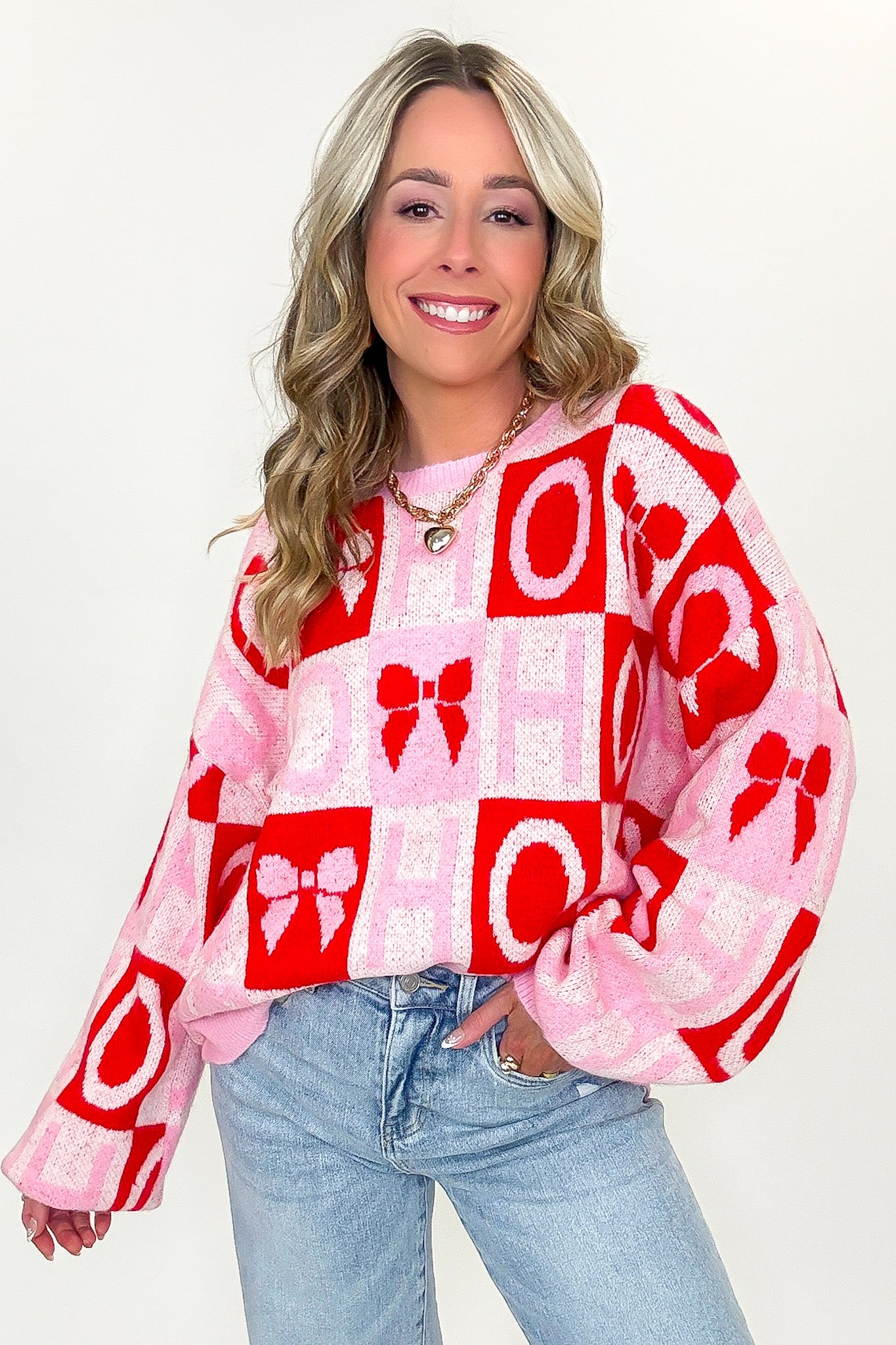 HO HO Holiday Bow Check Knit Sweater