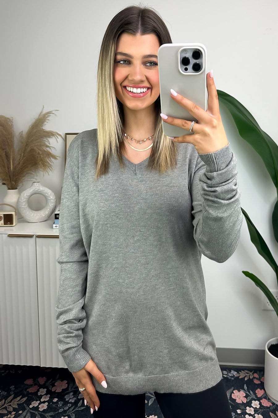 Light Gray / S Hariata V-Neck Sweater Top - Madison and Mallory