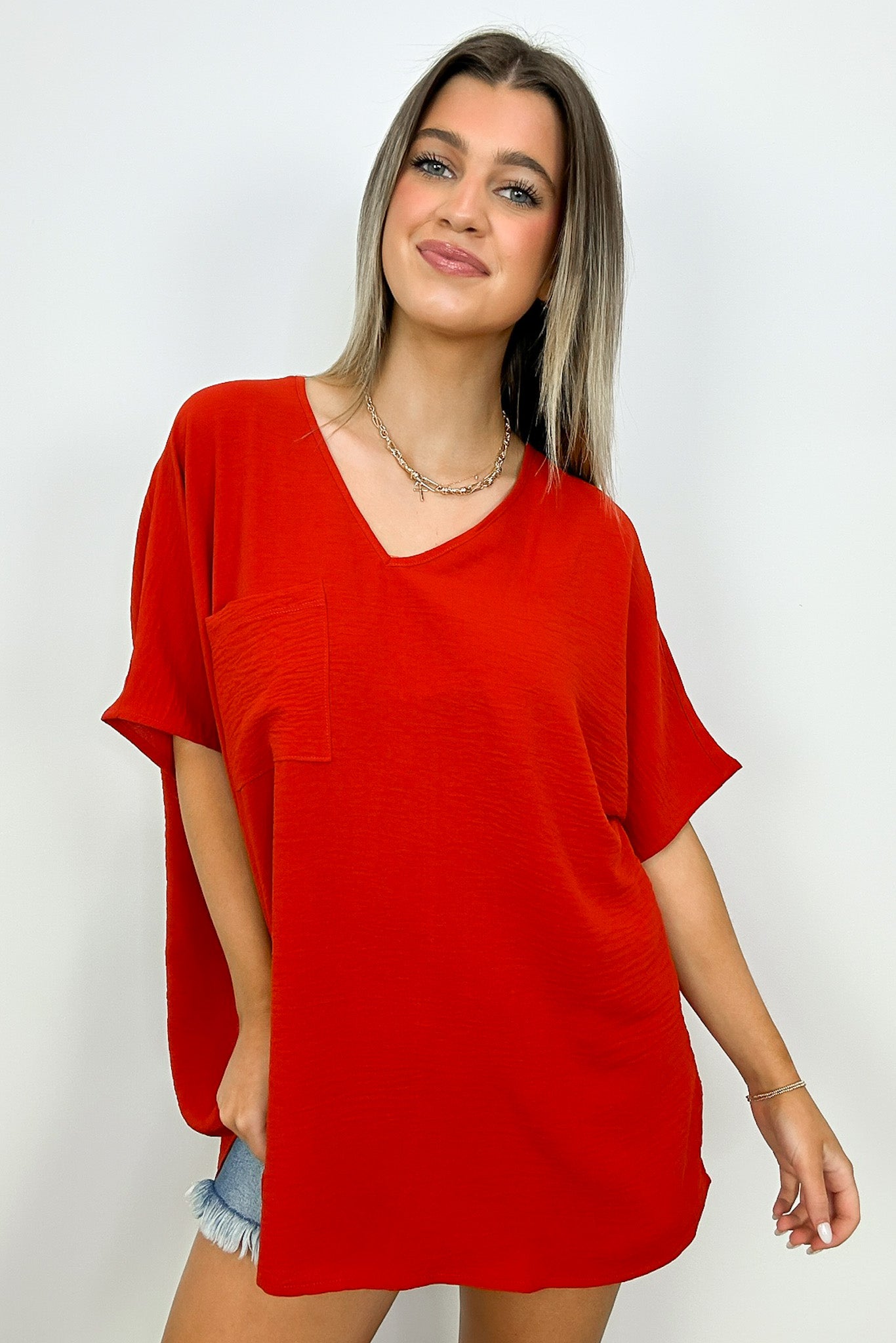 Tomato / S Have it Here V-Neck Pocket Top | BACK IN STOCK + NEW COLORS - Madison and Mallory