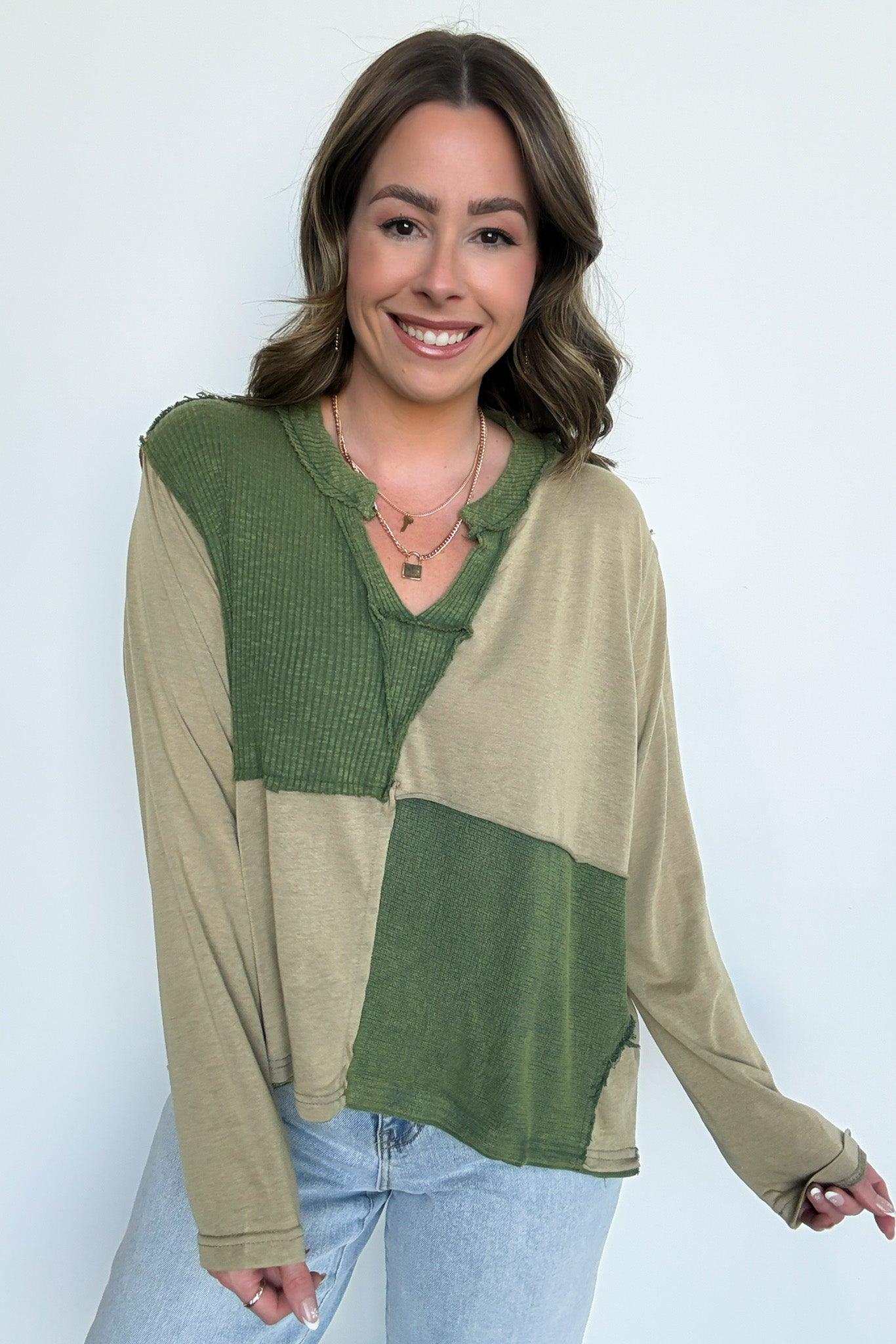 Karmen Notched Neck Color Block Contrast Top - FINAL SALE - Madison and Mallory