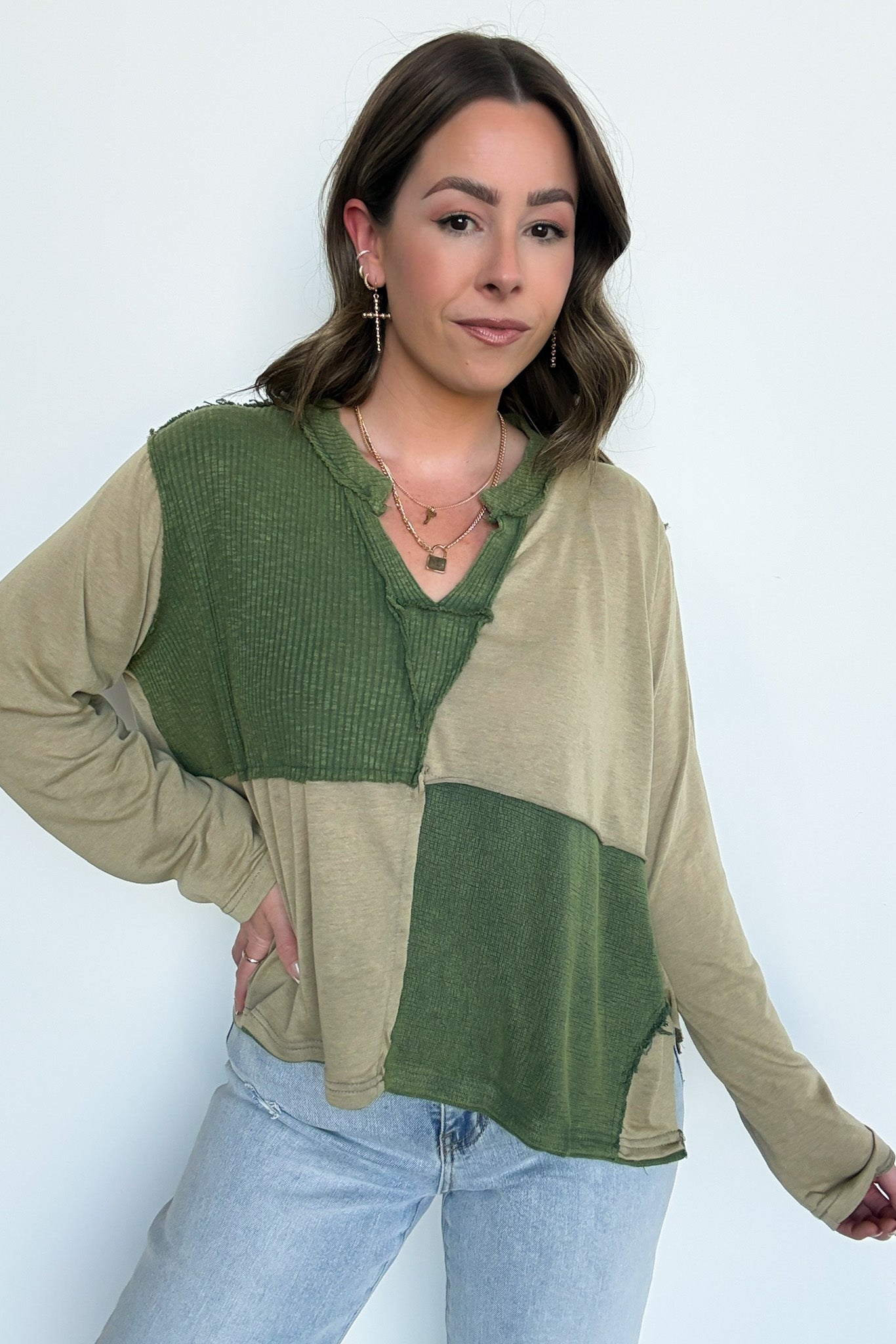 Taupe/Green / S Karmen Notched Neck Color Block Contrast Top - FINAL SALE - Madison and Mallory