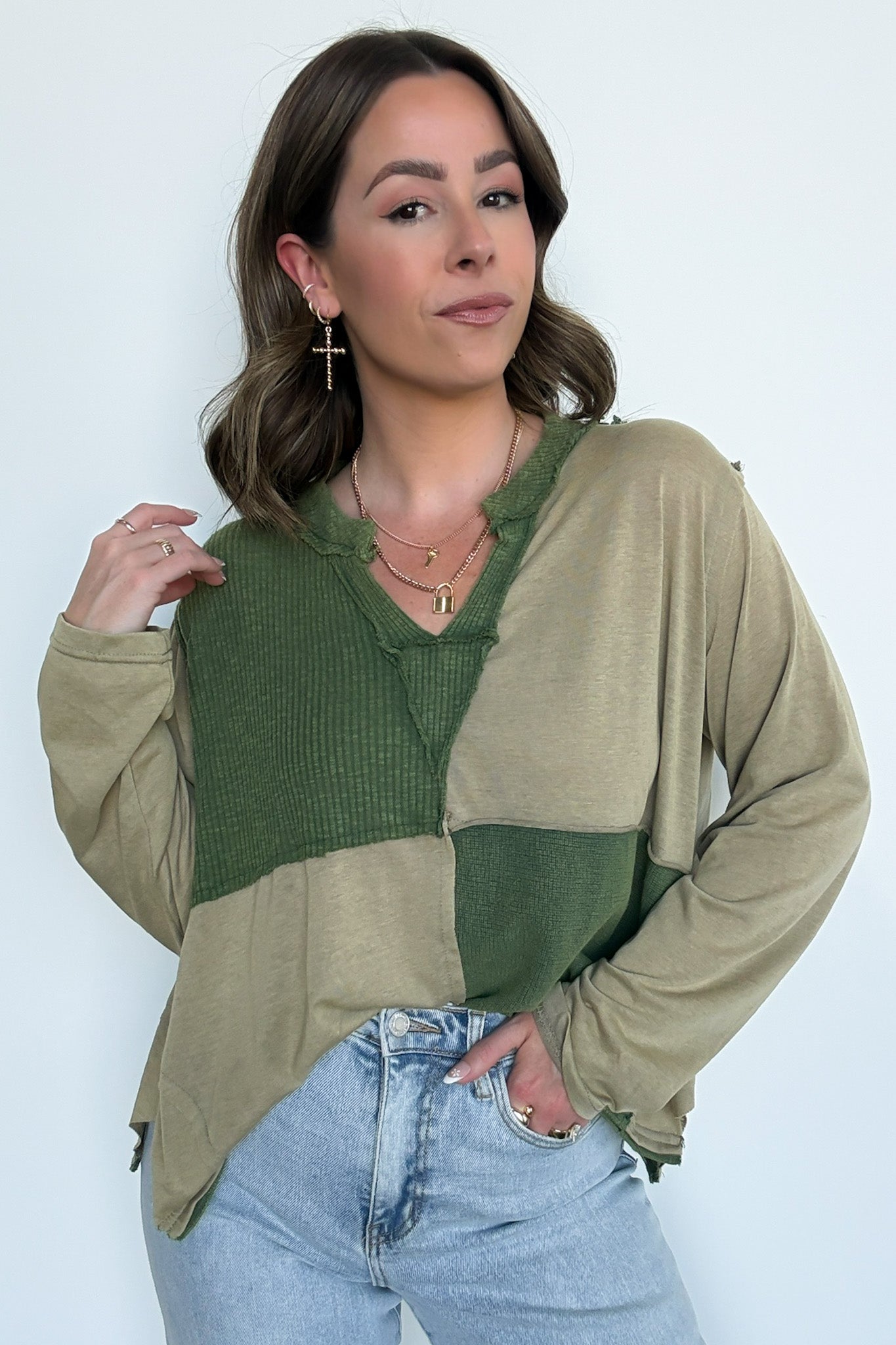 Karmen Notched Neck Color Block Contrast Top - FINAL SALE - Madison and Mallory