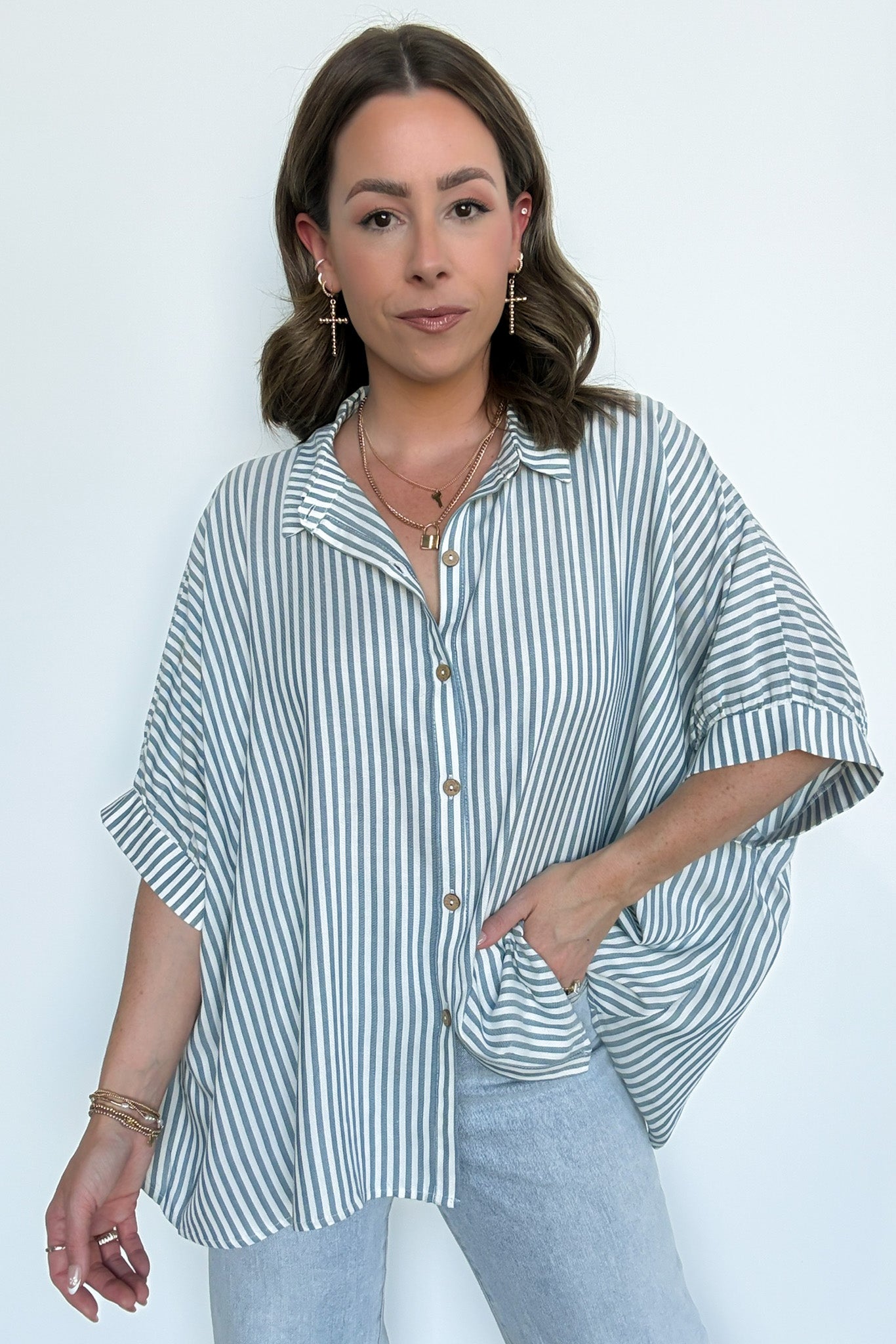 Teal / SM JoJo Striped Button Down Relaxed Top - BACK IN STOCK - Madison and Mallory