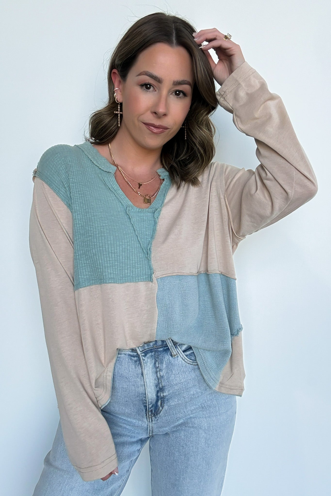 Sand/Blue / S Karmen Notched Neck Color Block Contrast Top - FINAL SALE - Madison and Mallory