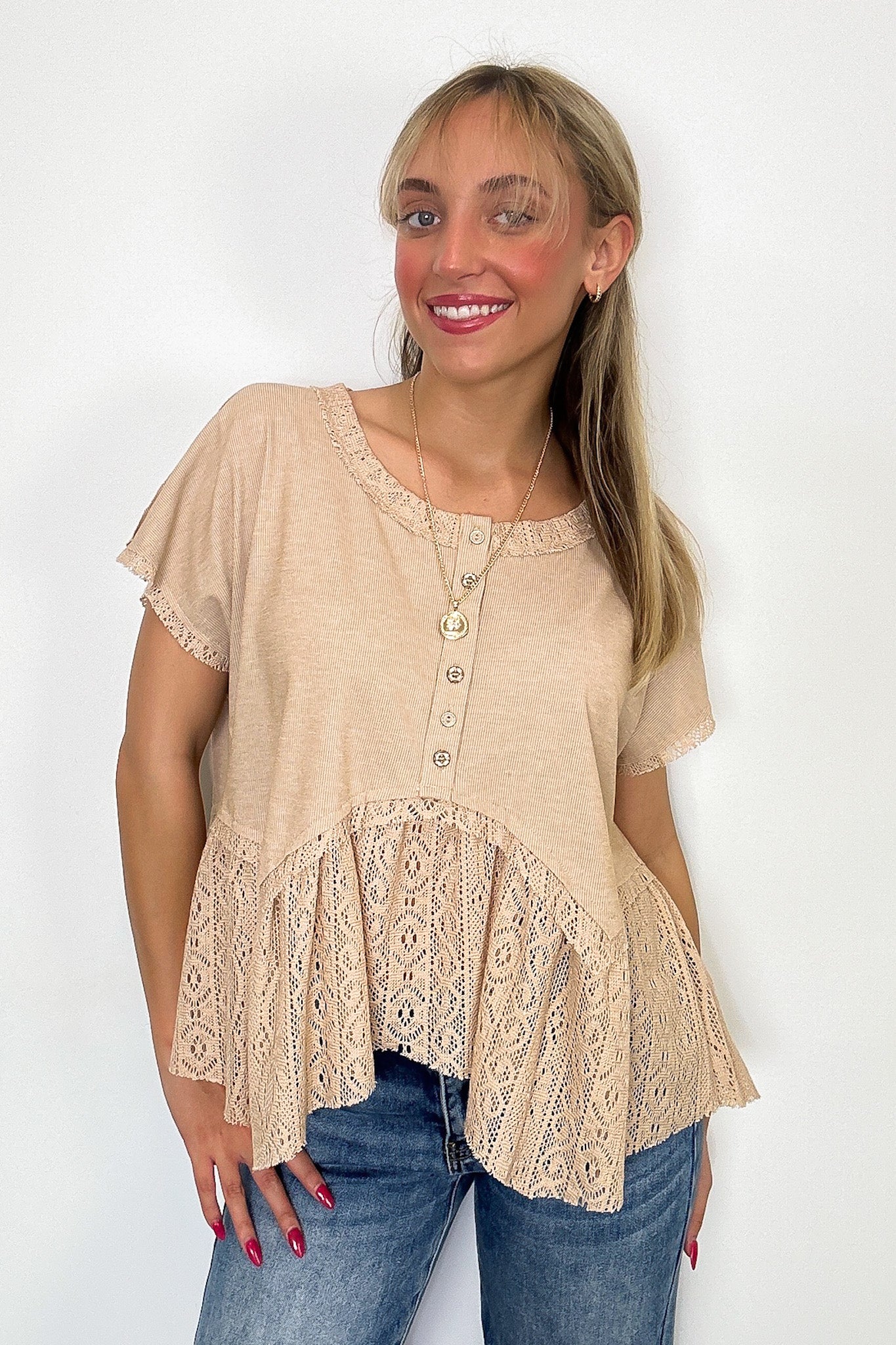 Beige / S Sweet Moment Crochet Hem Peplum Button Top - FINAL SALE - Madison and Mallory