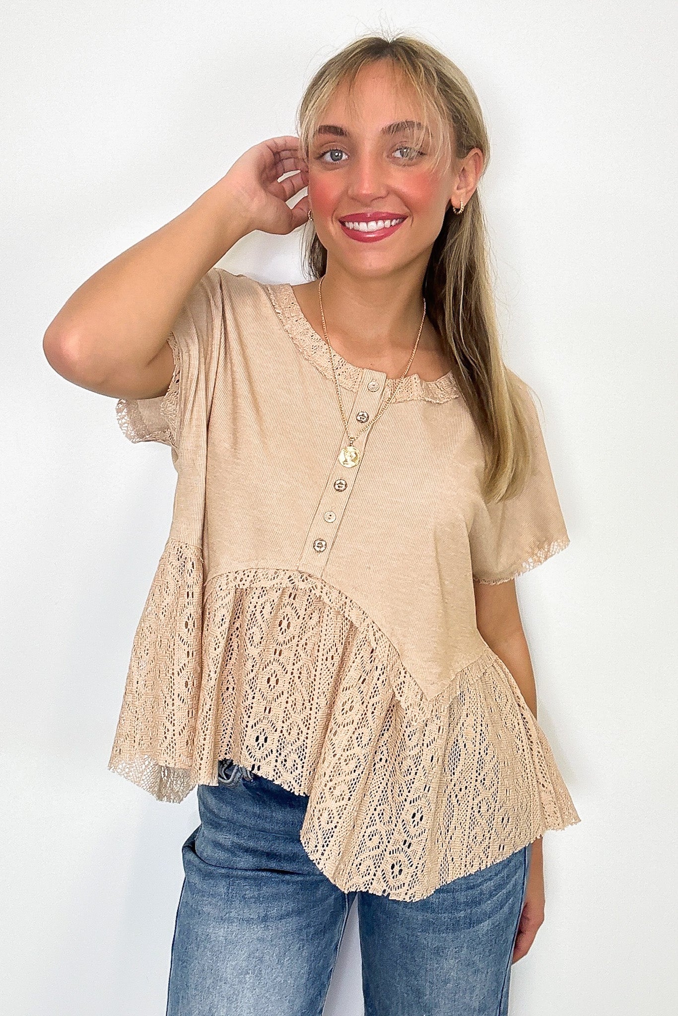 Sweet Moment Crochet Hem Peplum Button Top - FINAL SALE - Madison and Mallory