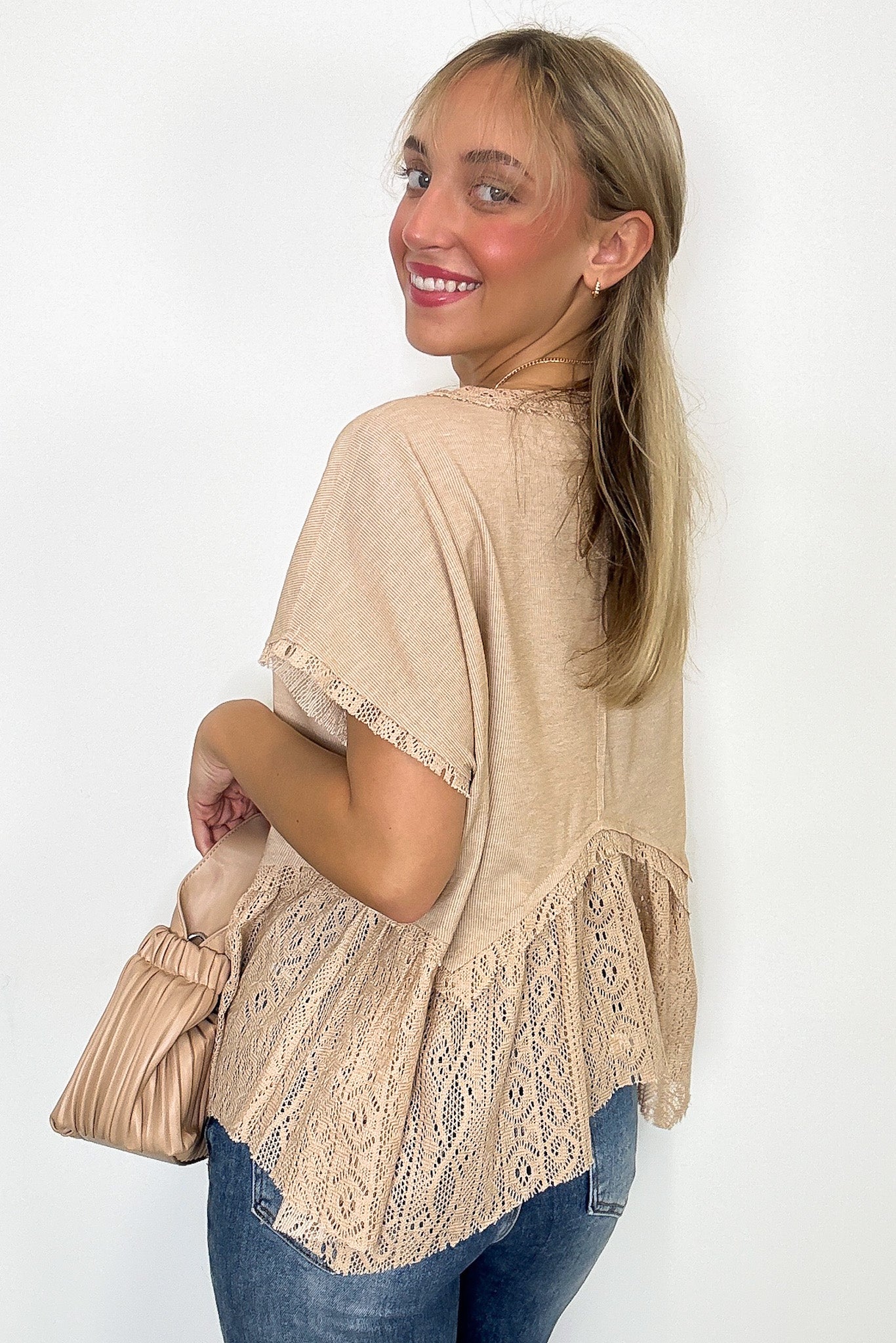 Sweet Moment Crochet Hem Peplum Button Top - FINAL SALE - Madison and Mallory