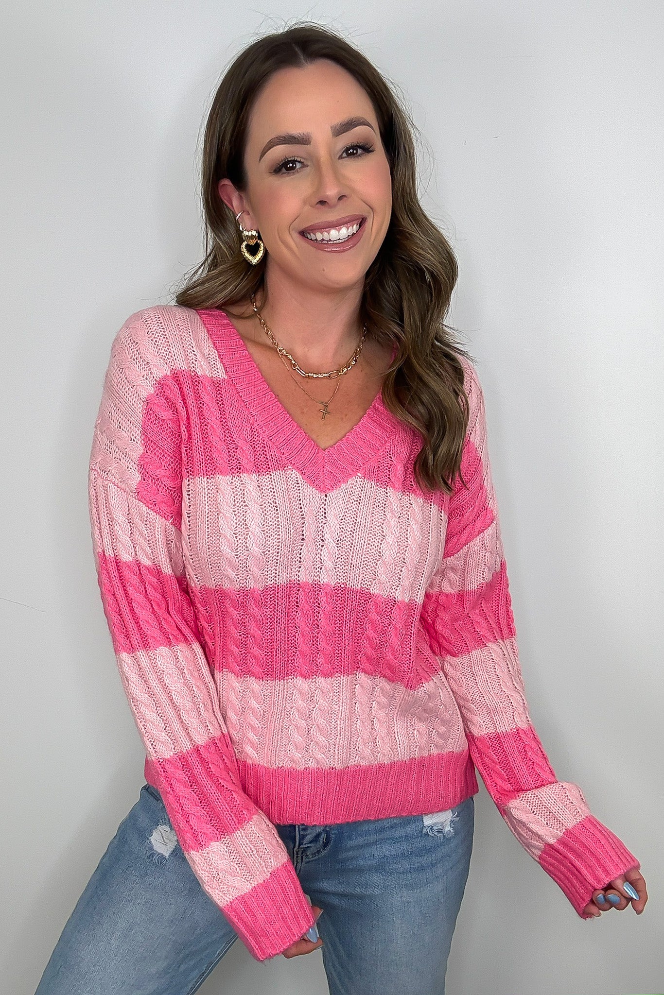 Julia V-Neck Striped Cable Knit Sweater - FINAL SALE - Madison and Mallory