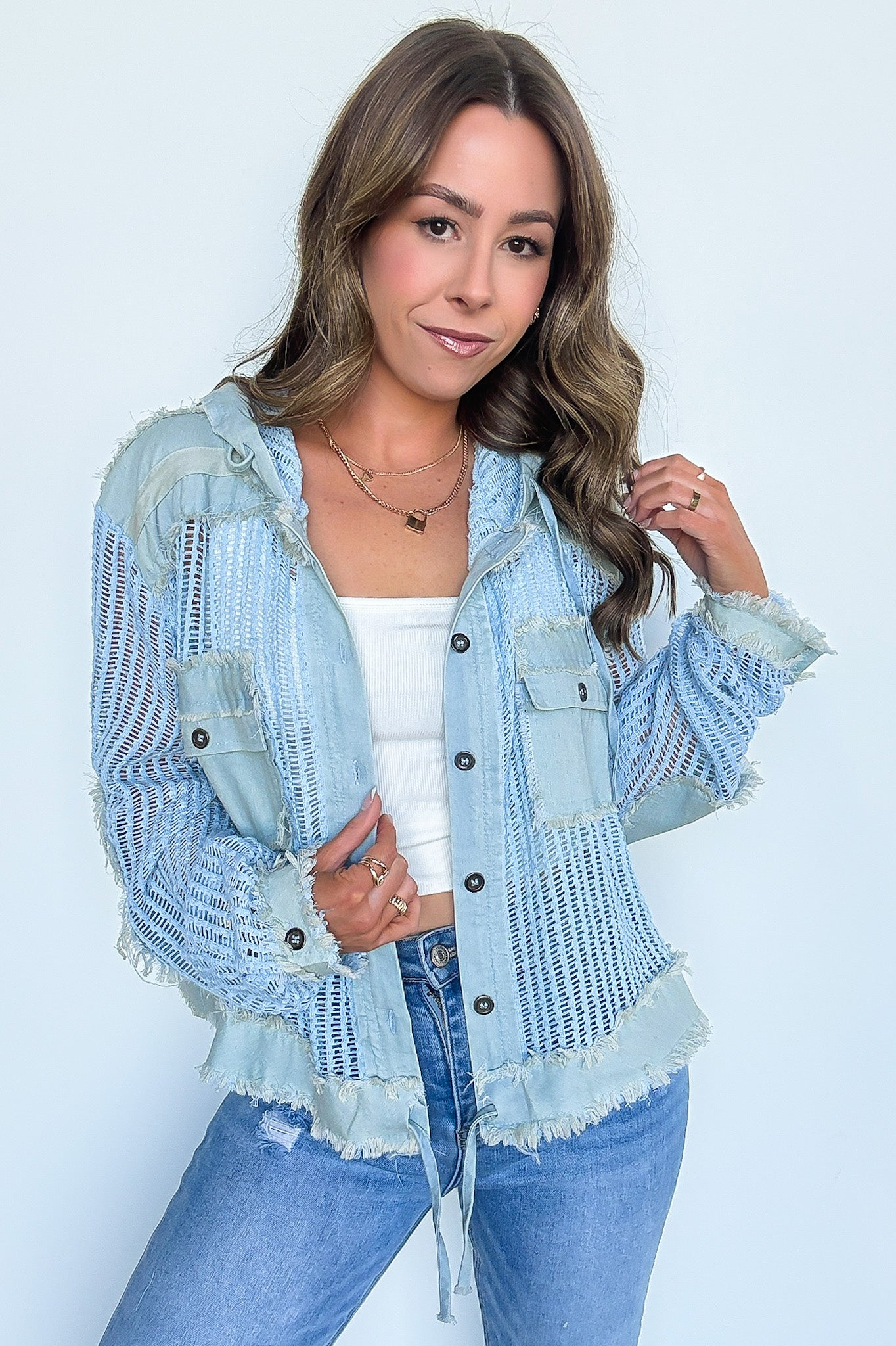 Millie Open Knit Drawstring Hem Button Down Top - FINAL SALE - Madison and Mallory