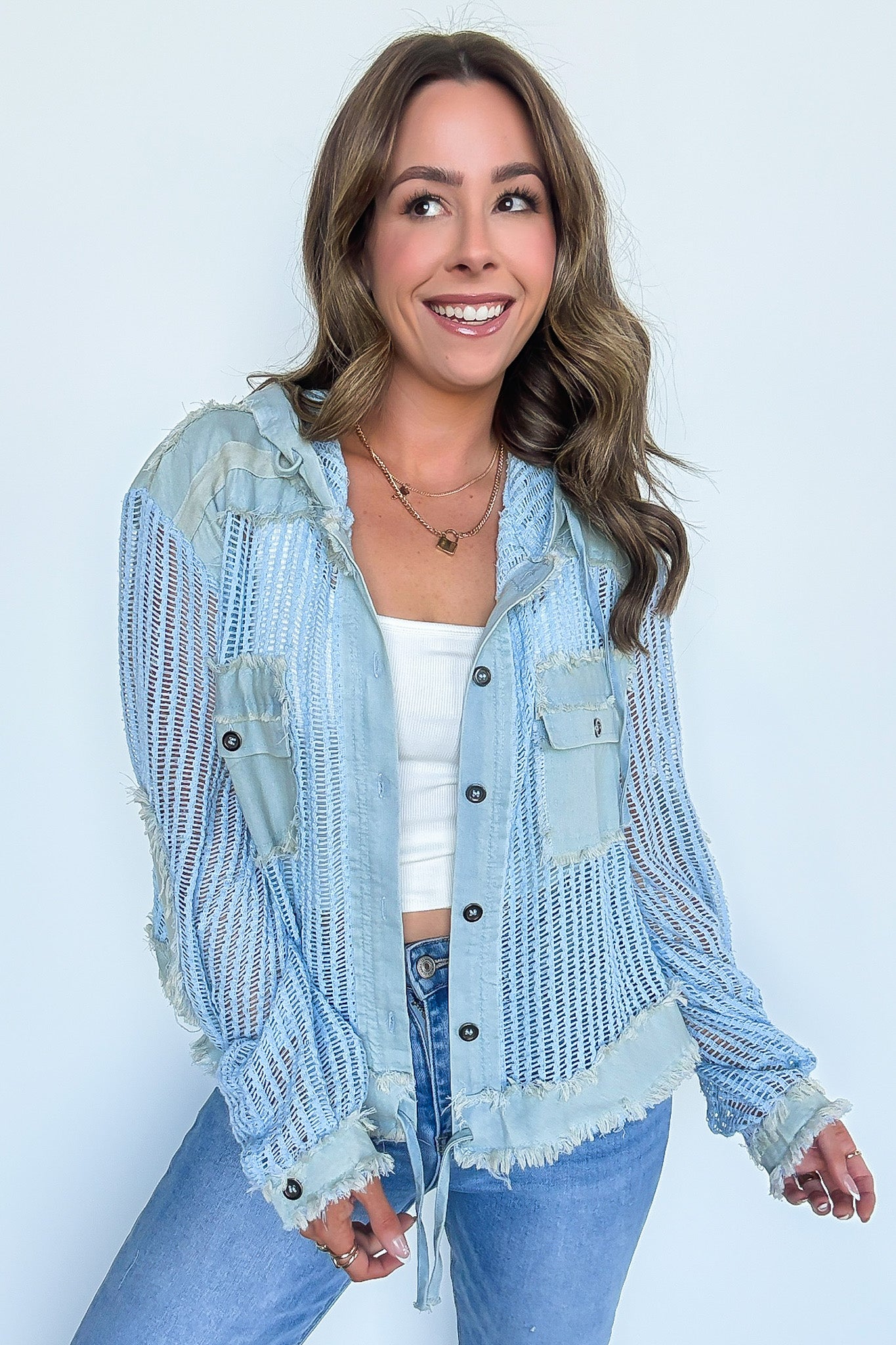 Millie Open Knit Drawstring Hem Button Down Top - FINAL SALE - Madison and Mallory