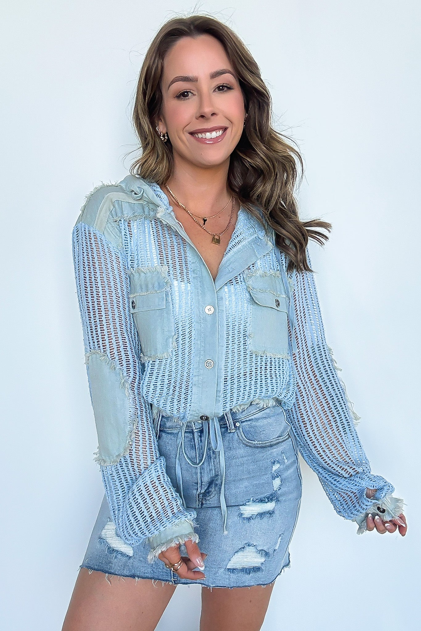 Millie Open Knit Drawstring Hem Button Down Top - FINAL SALE - Madison and Mallory