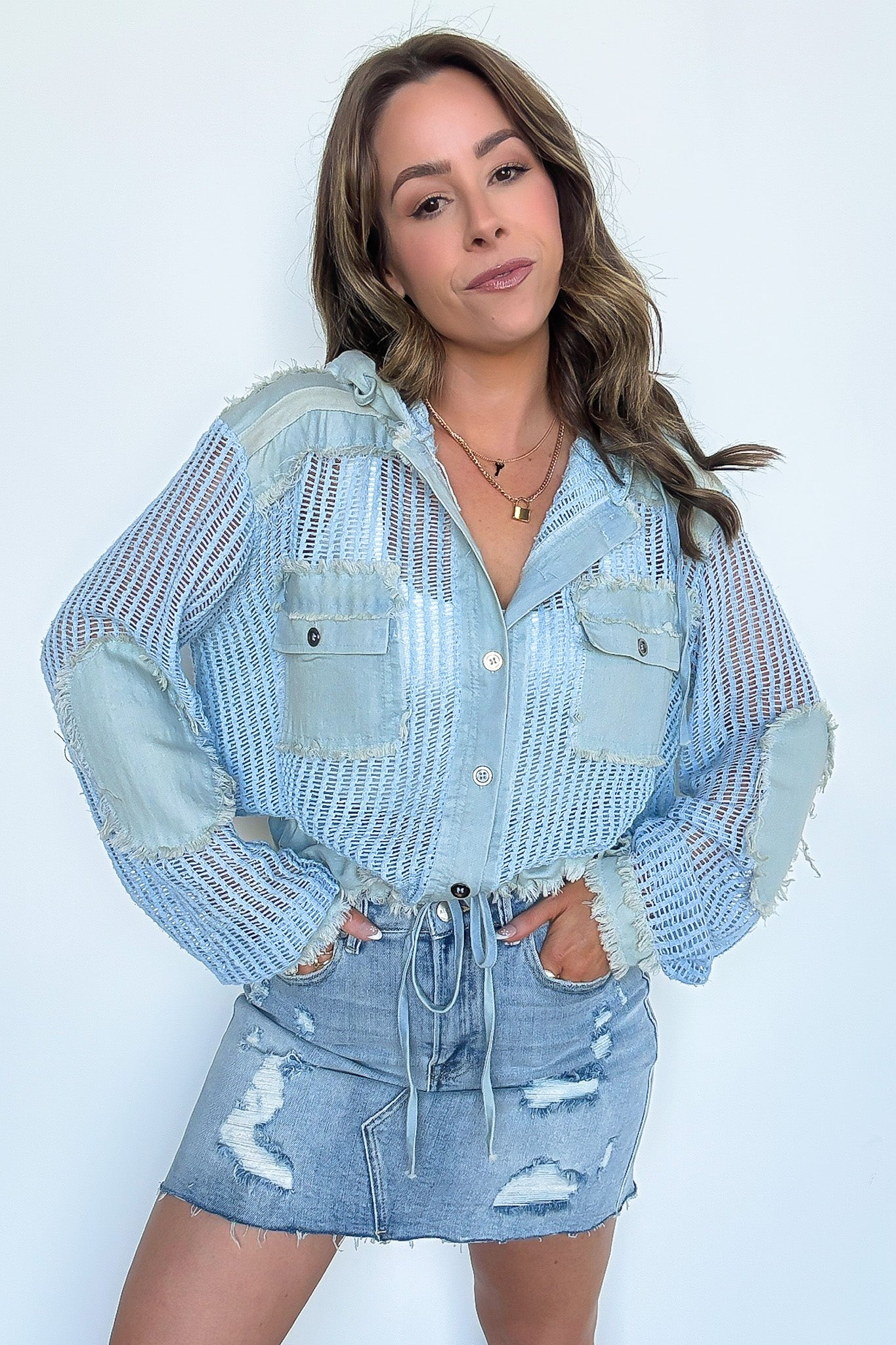 Baby Blue / S Millie Open Knit Drawstring Hem Button Down Top - FINAL SALE - Madison and Mallory