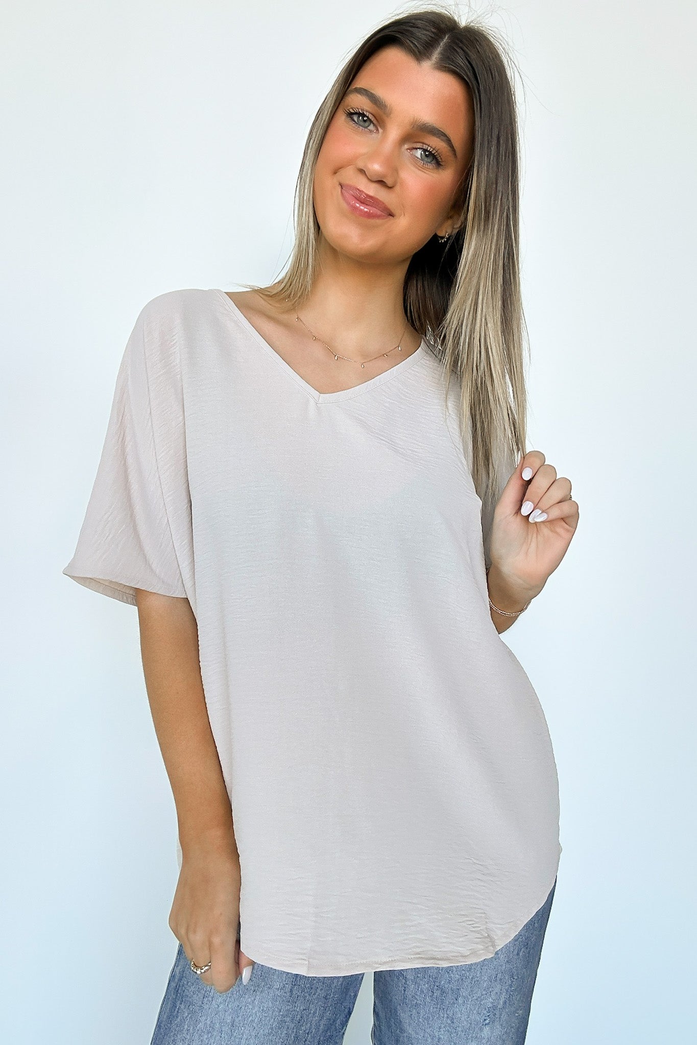 Sand Beige / S Evlynn V-Neck Short Sleeve Top - BACK IN STOCK - Madison and Mallory