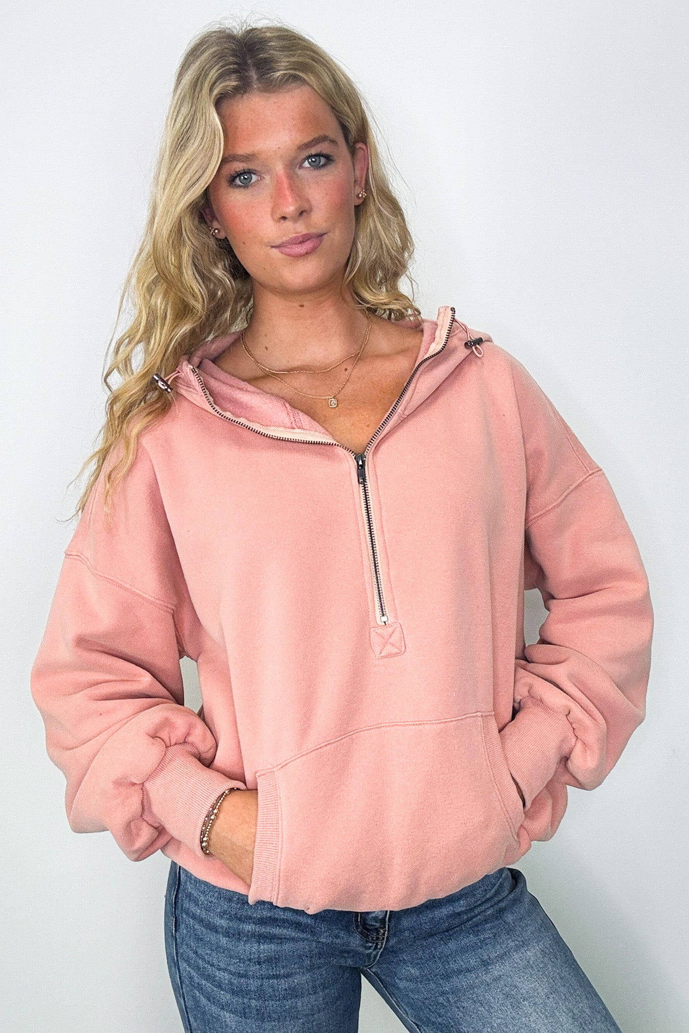 Maci Elastic Hem Half Zip Hooded Pullover - FINAL SALE - Madison and Mallory