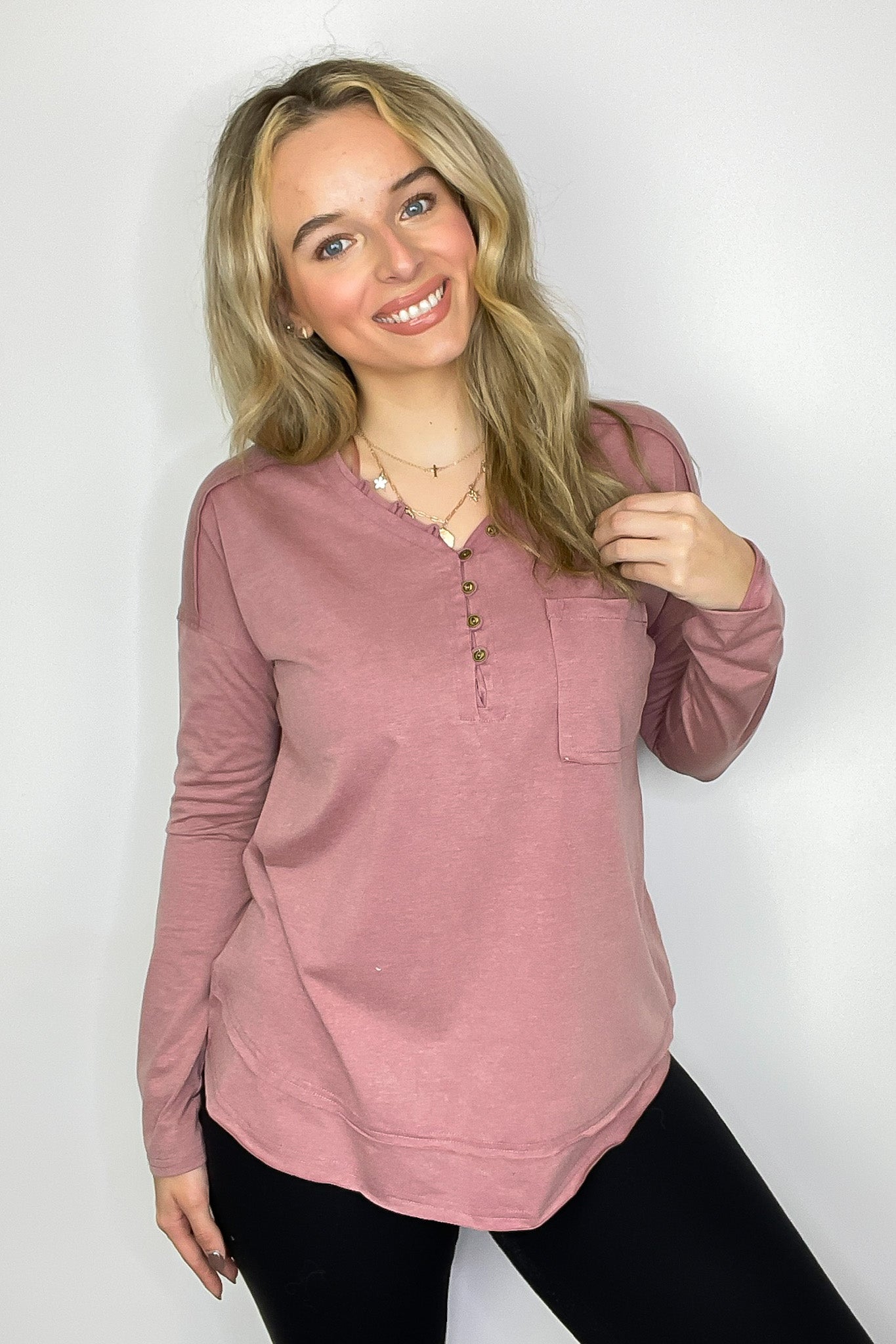 Mauve / S Robyn Mineral Washed Henley Top - FINAL SALE - Madison and Mallory