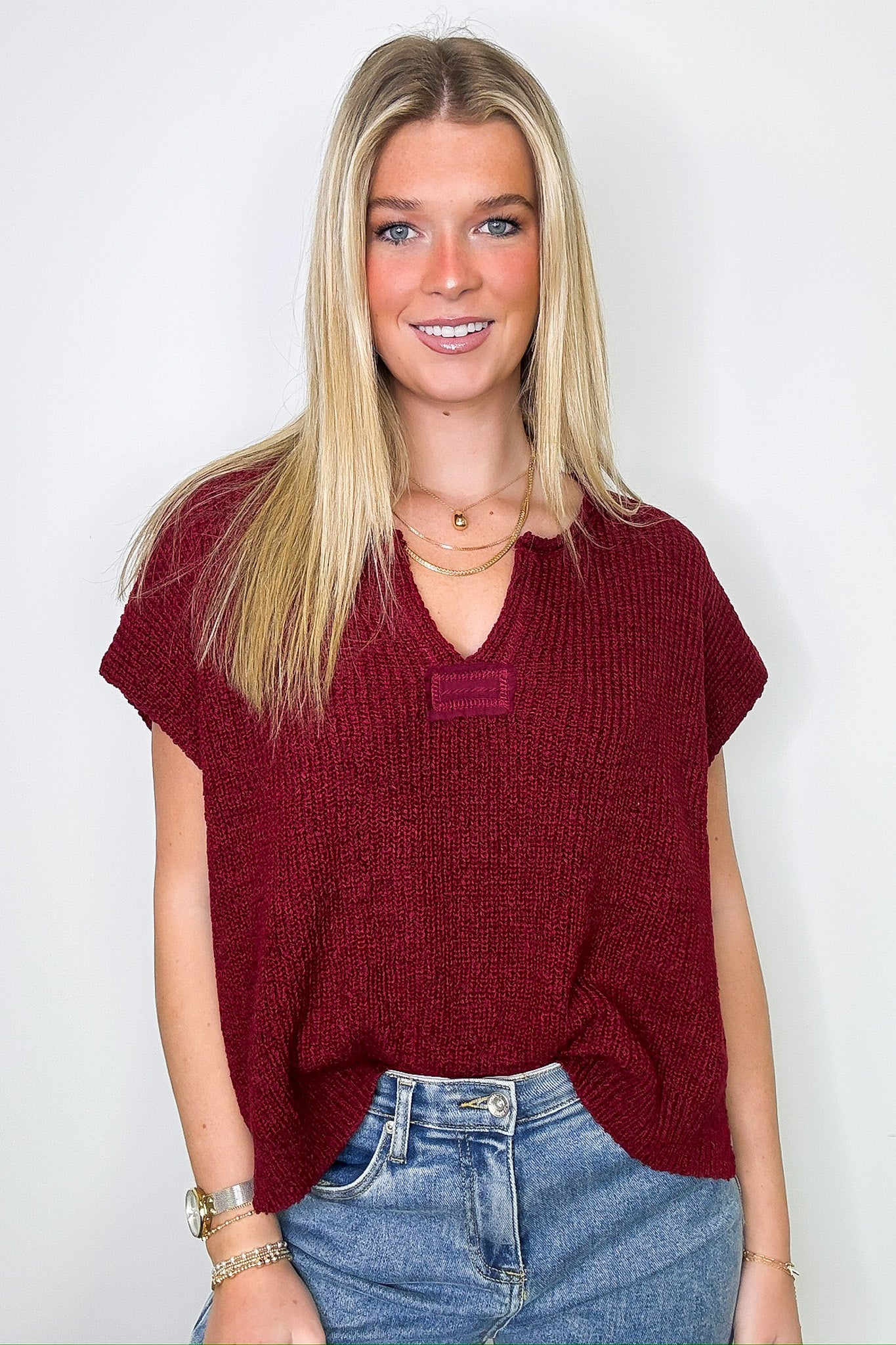 Cabernet / SM Necessary Charm V-Neck Side Slit Knit Top - BACK IN STOCK - Madison and Mallory