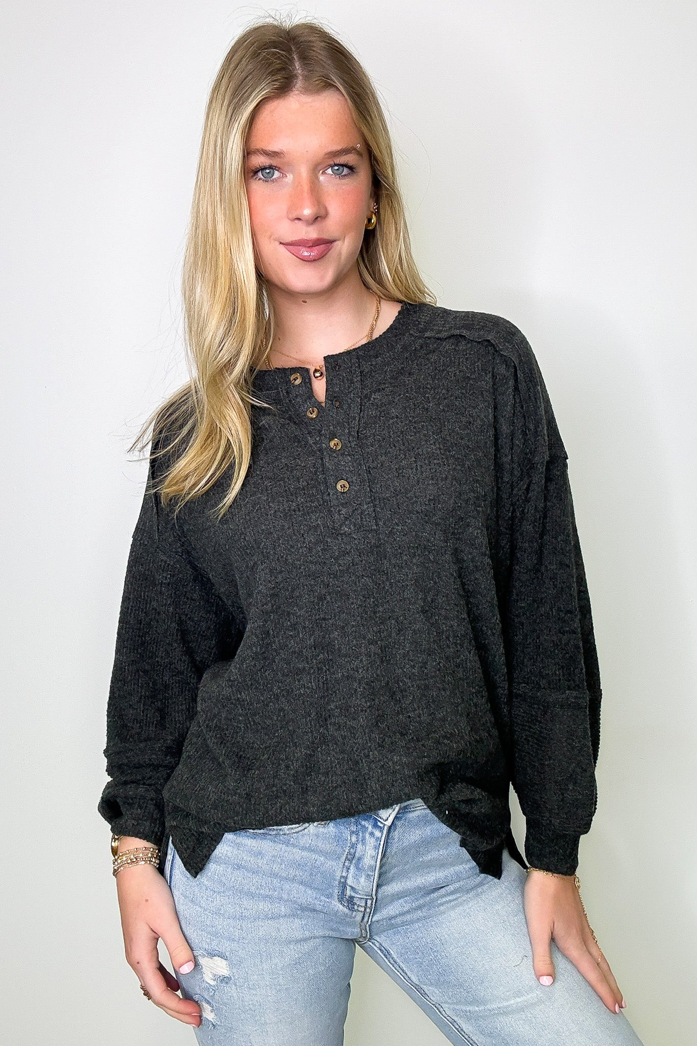 Black / SM Cozy Outcome Ribbed Henley Top - FINAL SALE - Madison and Mallory