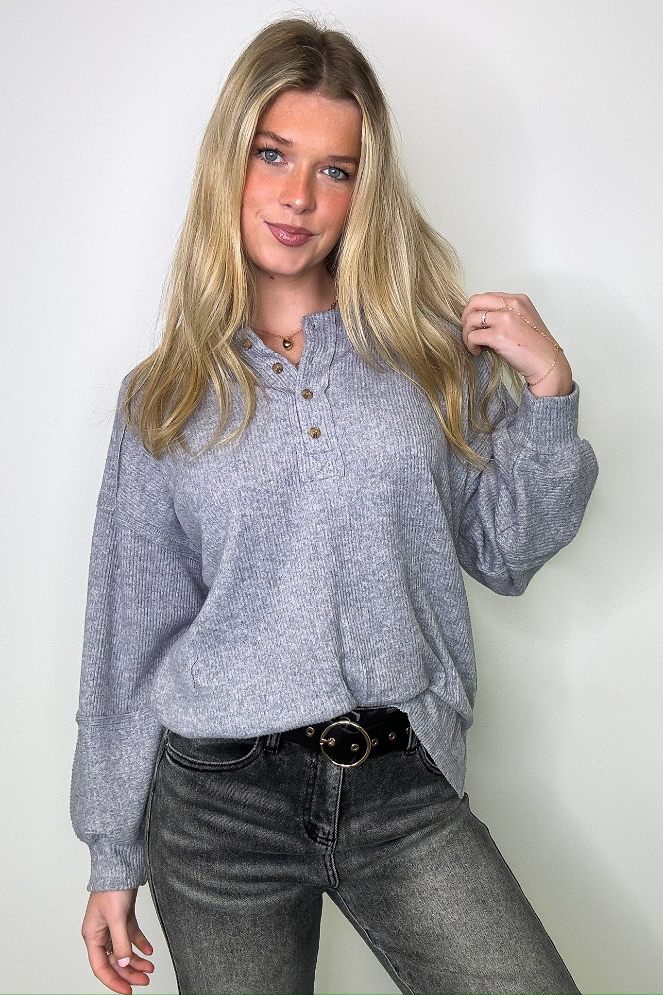 Heather Gray / SM Cozy Outcome Ribbed Henley Top - FINAL SALE - Madison and Mallory