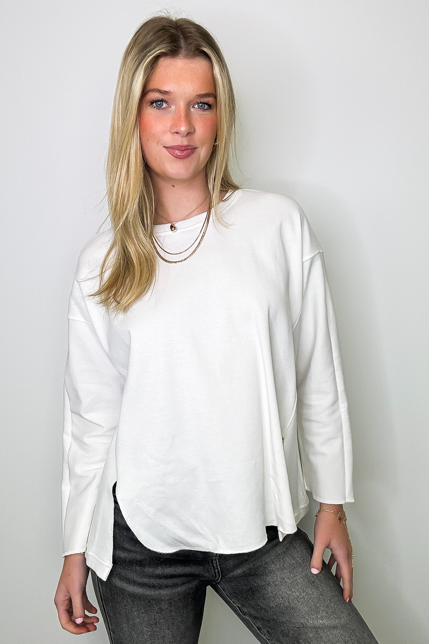 White / S Madelyn Round Neck Side Slit Top - FINAL SALE - Madison and Mallory