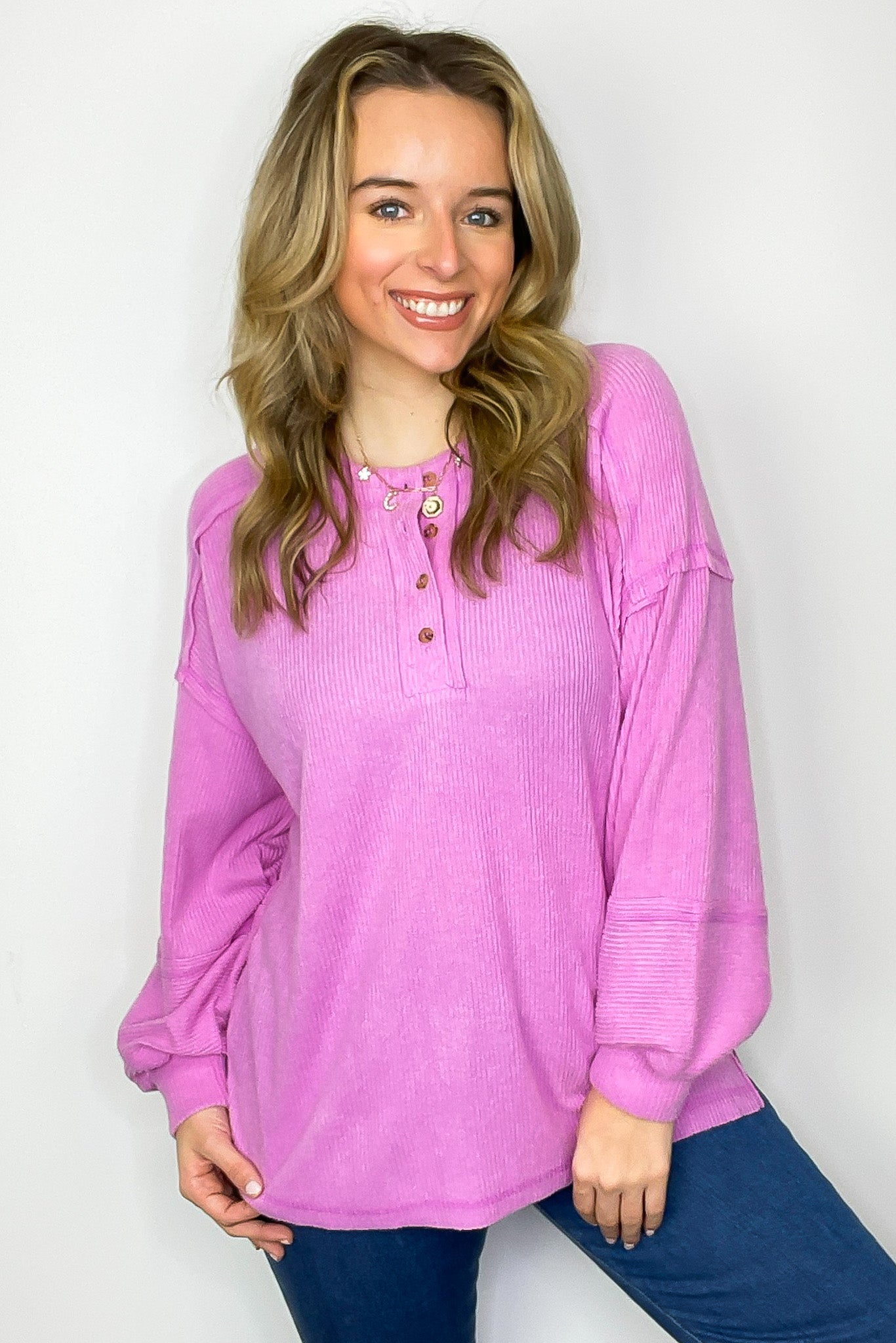 Bright Mauve / SM Cozy Outcome Ribbed Henley Top - FINAL SALE - Madison and Mallory