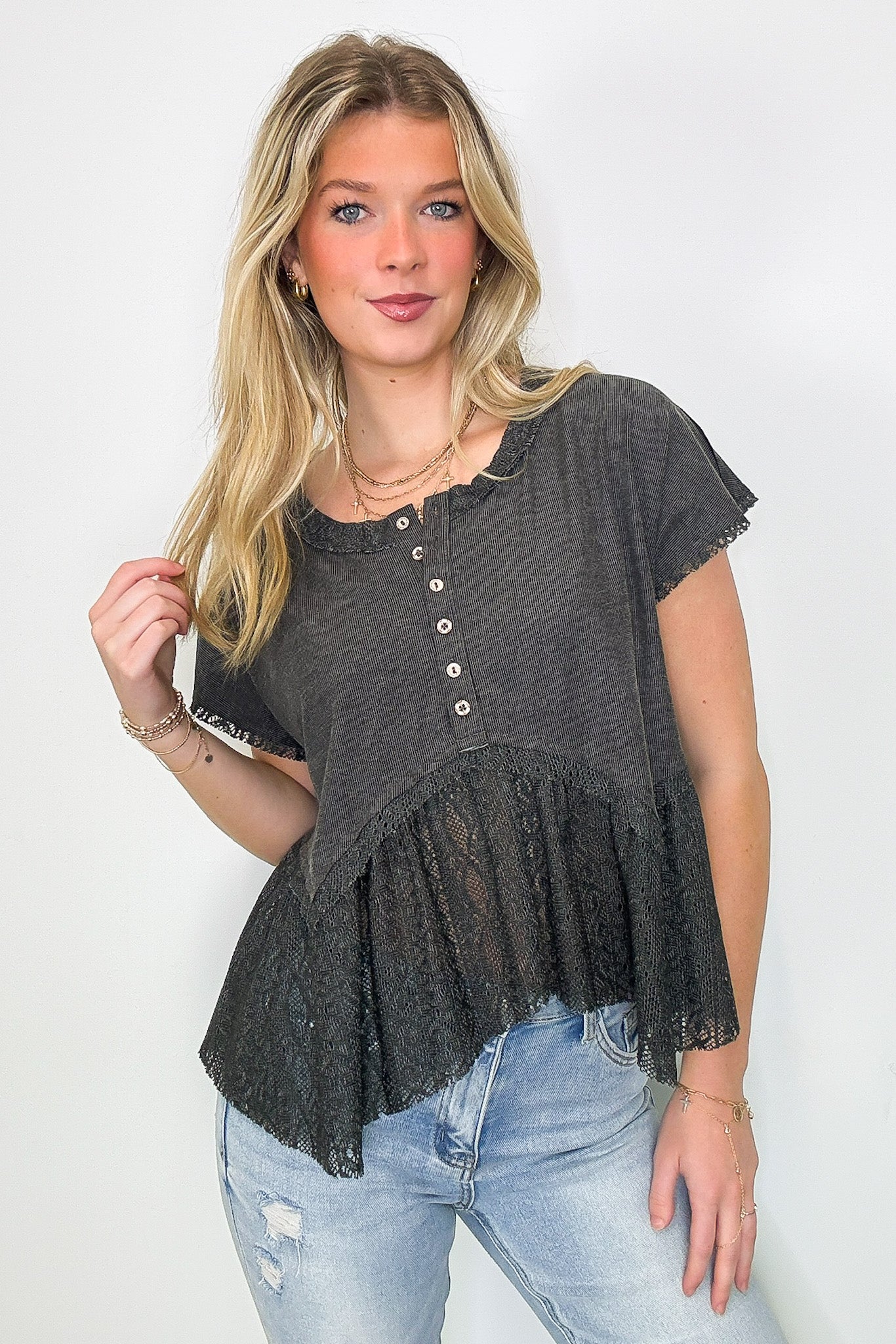 Sweet Moment Crochet Hem Peplum Button Top - FINAL SALE - Madison and Mallory