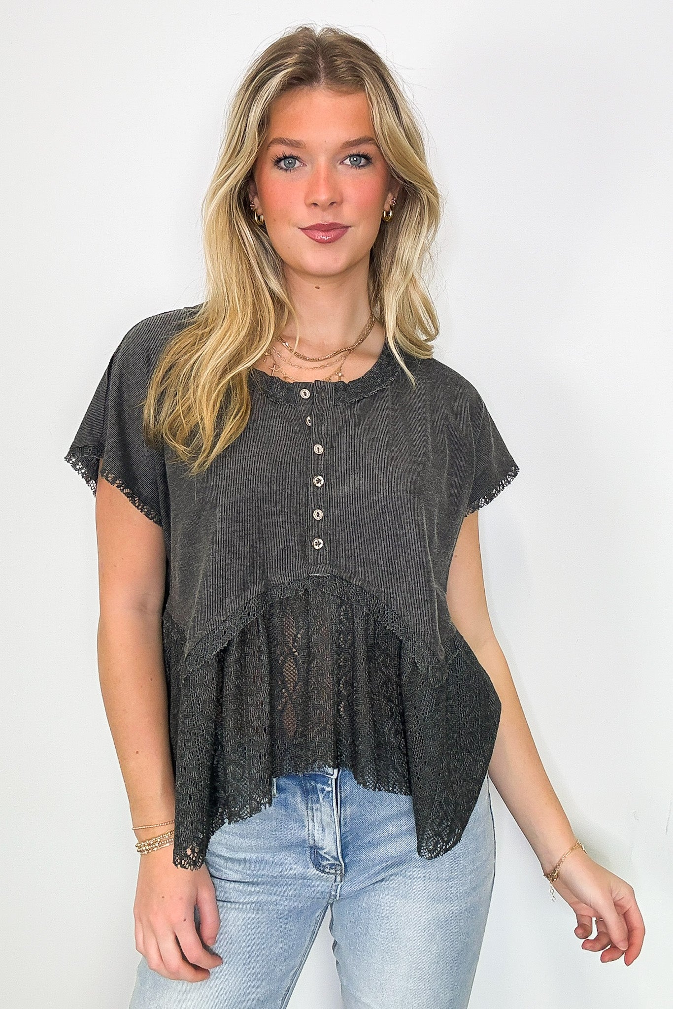 Charcoal / S Sweet Moment Crochet Hem Peplum Button Top - FINAL SALE - Madison and Mallory