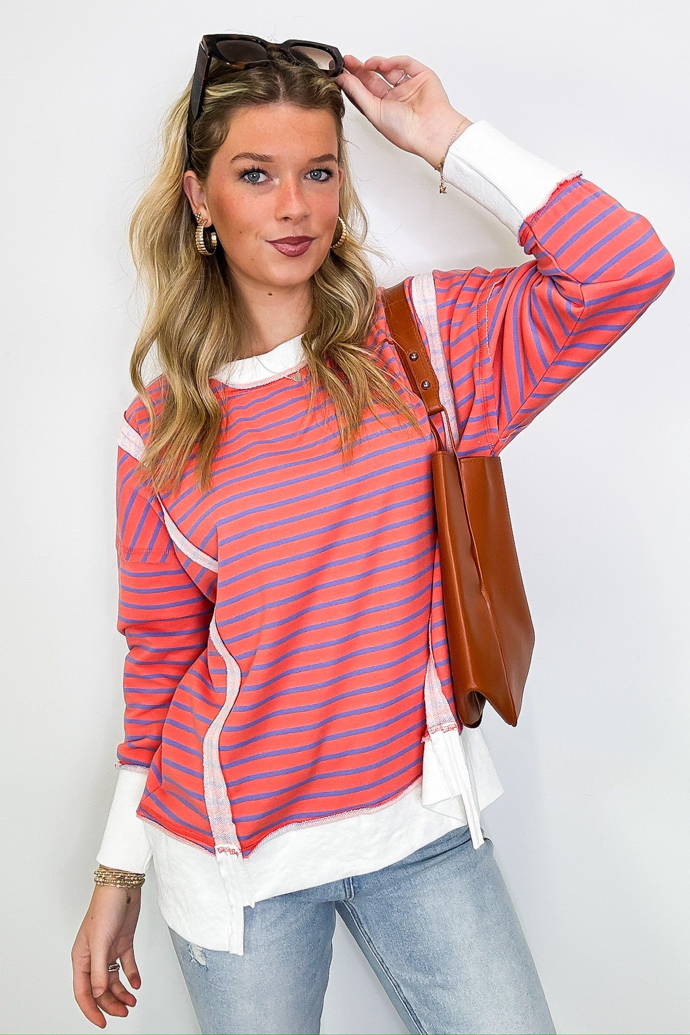 Coral / S Livie Striped Relaxed Fit Pullover - FINAL SALE - Madison and Mallory