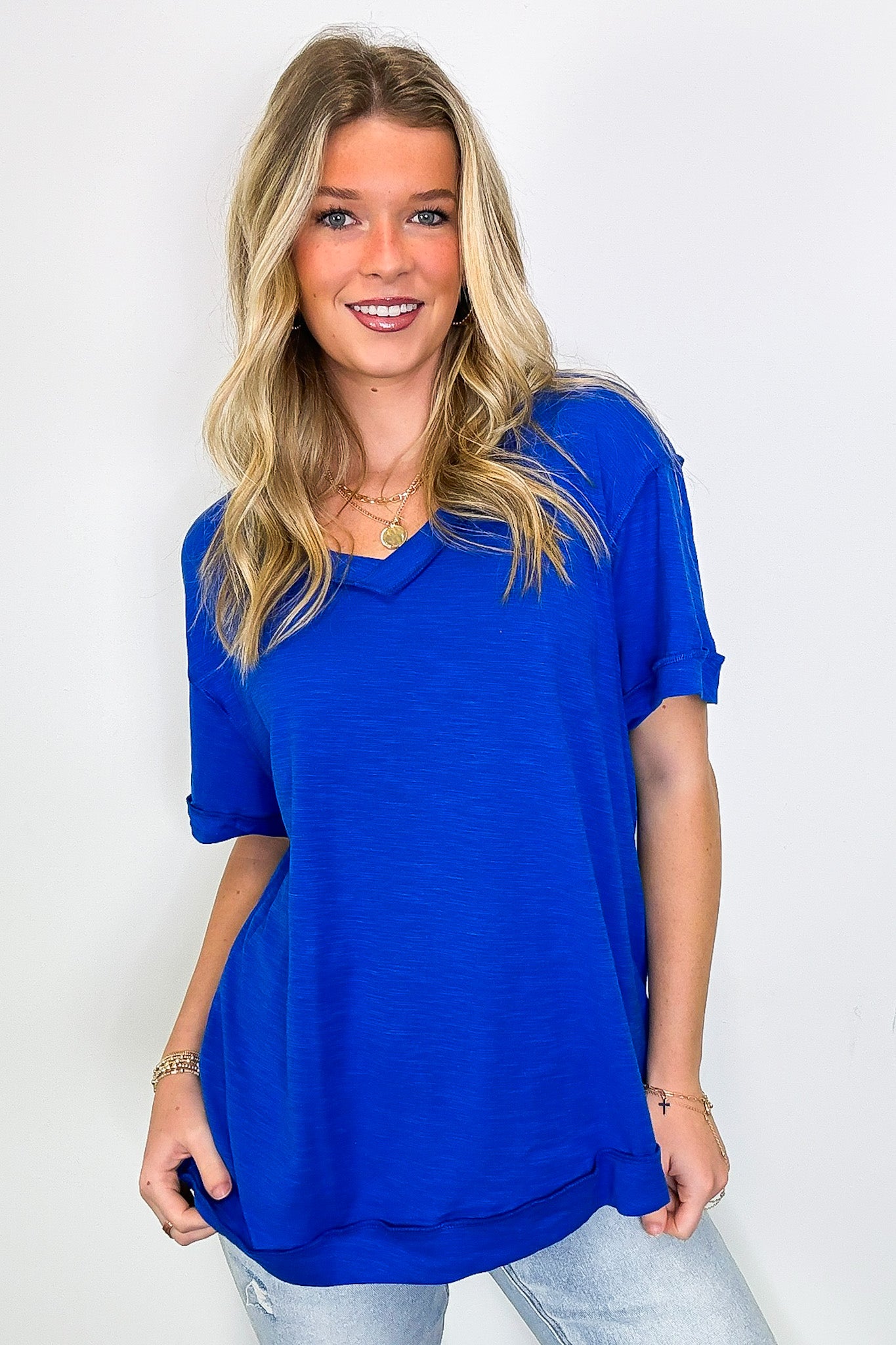 Royal Blue / S Retro Pop Relaxed V-Neck Short Sleeve Top - FINAL SALE - Madison and Mallory
