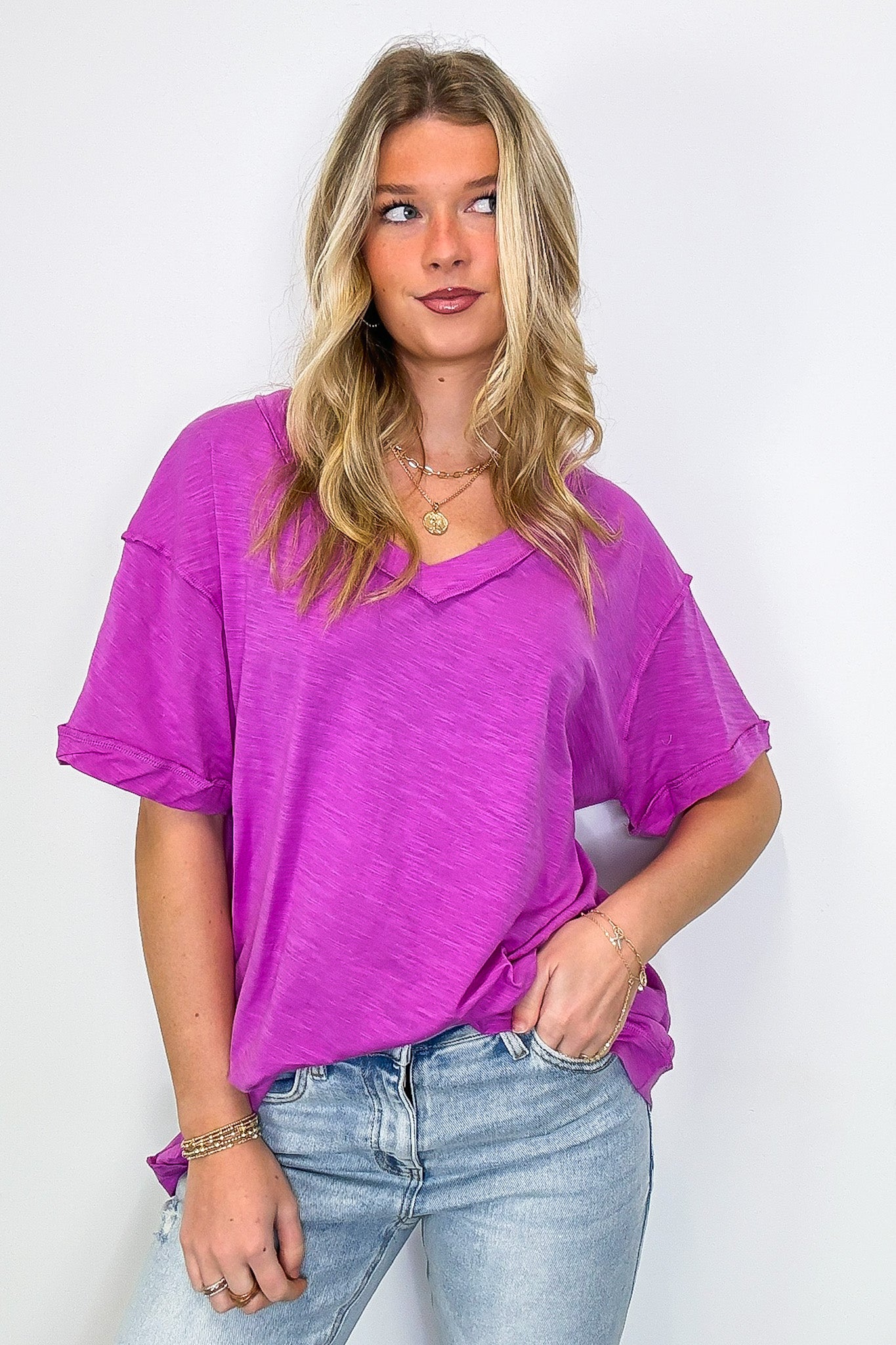 Hot Magenta / S Retro Pop Relaxed V-Neck Short Sleeve Top - FINAL SALE - Madison and Mallory