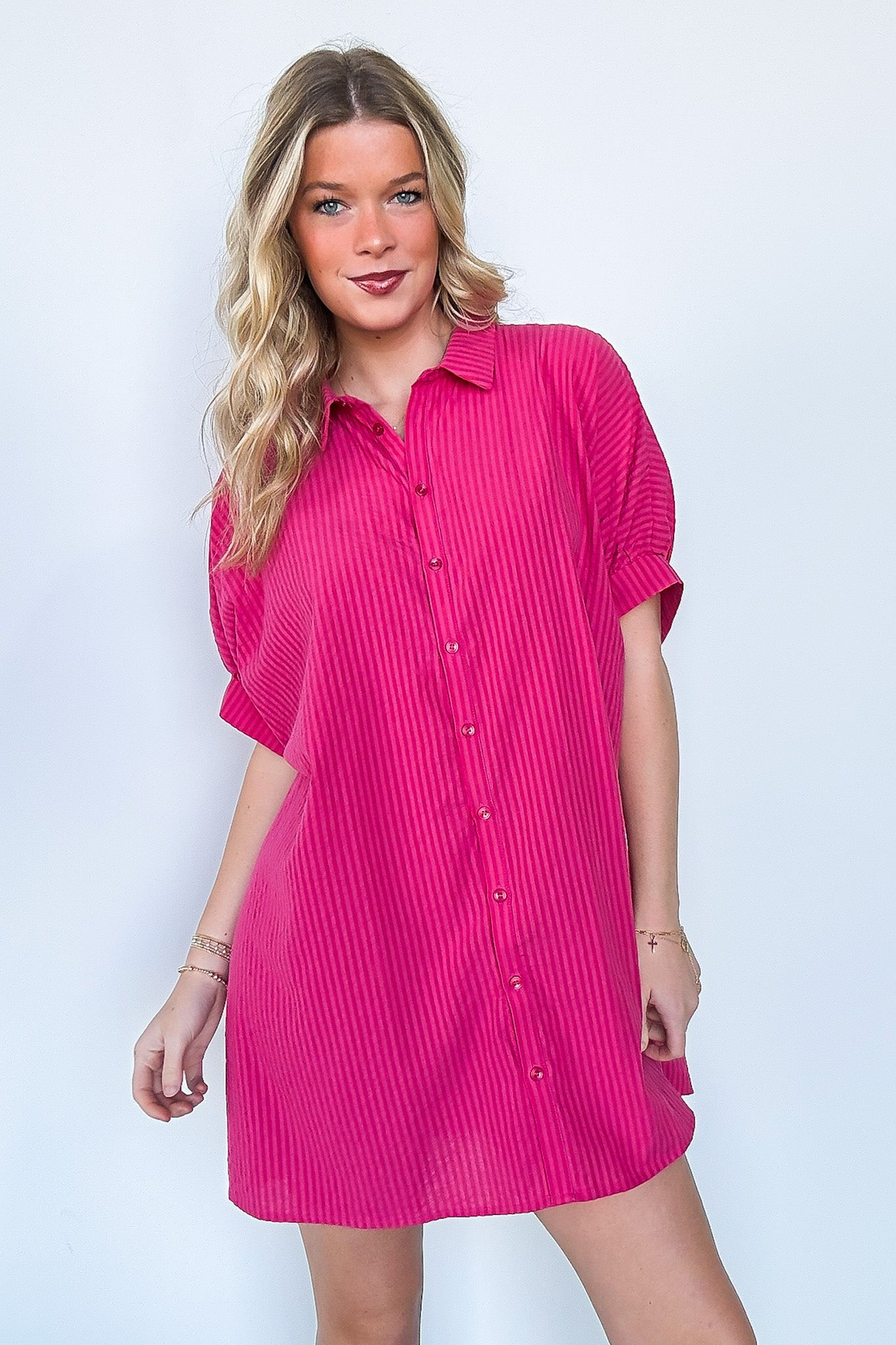 Punch/Cherry / S Renna Striped Button Up Shirt Dress - FINAL SALE - Madison and Mallory
