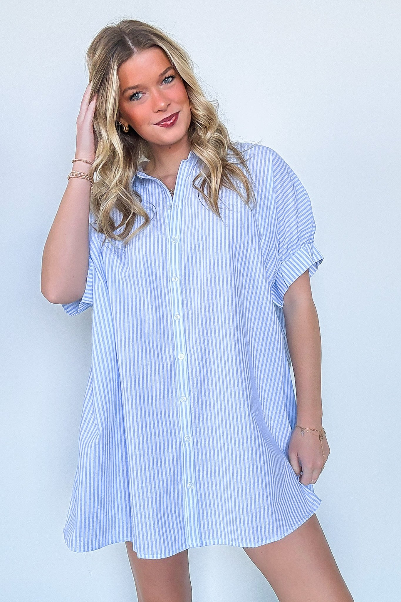 Blue/White / S Renna Striped Button Up Shirt Dress - FINAL SALE - Madison and Mallory