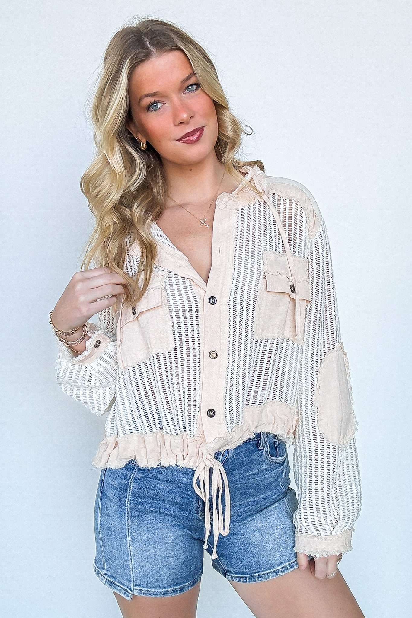 Millie Open Knit Drawstring Hem Button Down Top - FINAL SALE - Madison and Mallory