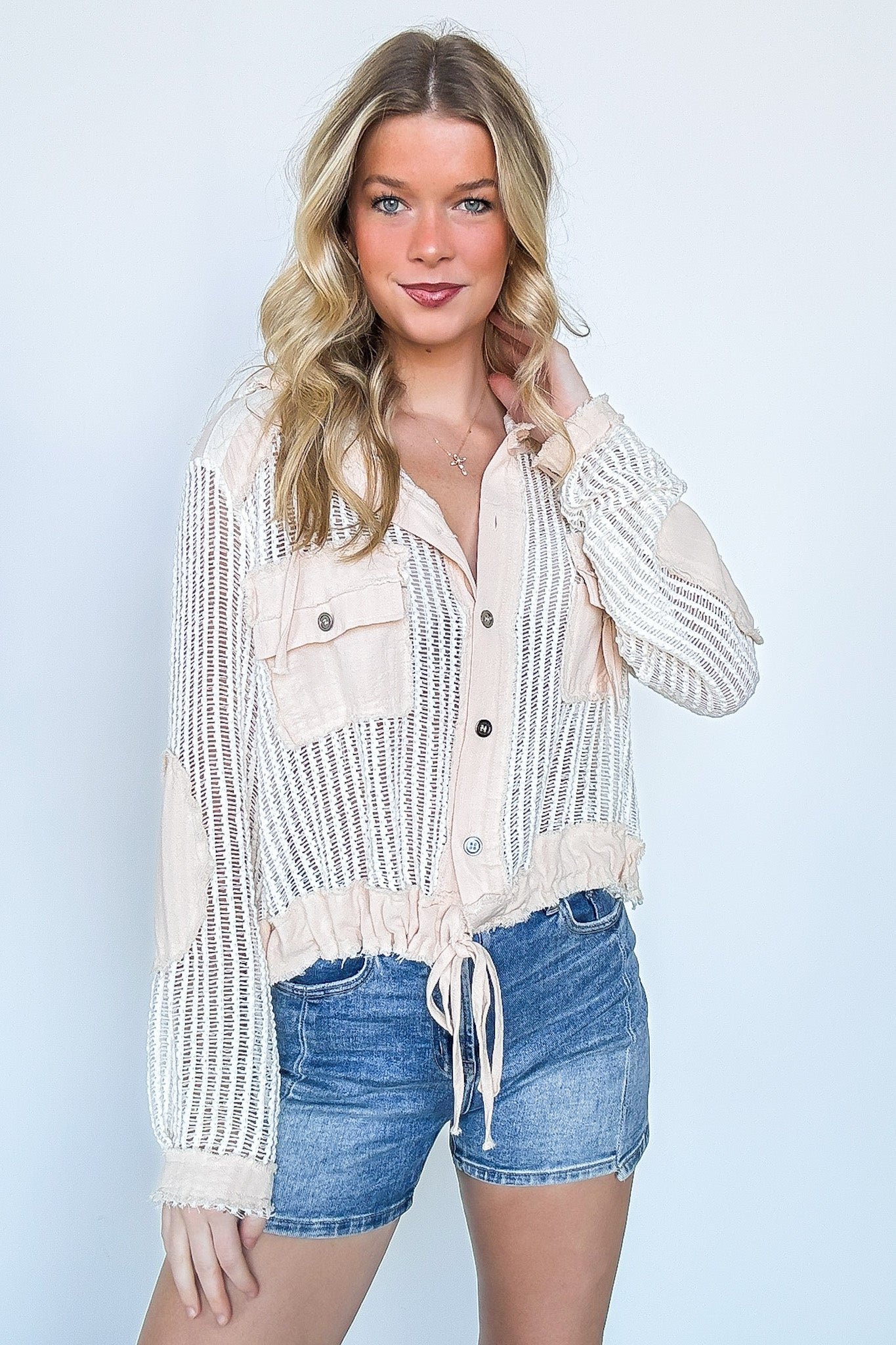 Millie Open Knit Drawstring Hem Button Down Top - FINAL SALE - Madison and Mallory