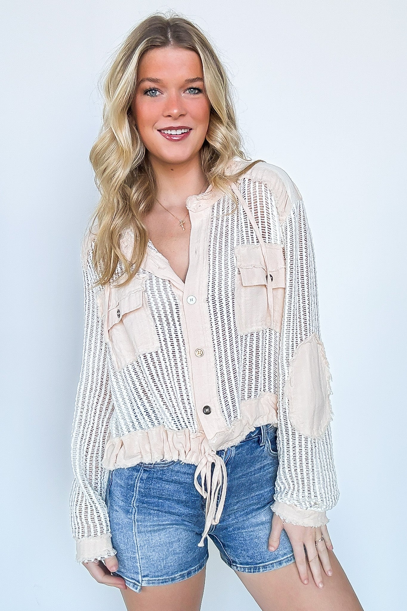 Cream / S Millie Open Knit Drawstring Hem Button Down Top - FINAL SALE - Madison and Mallory