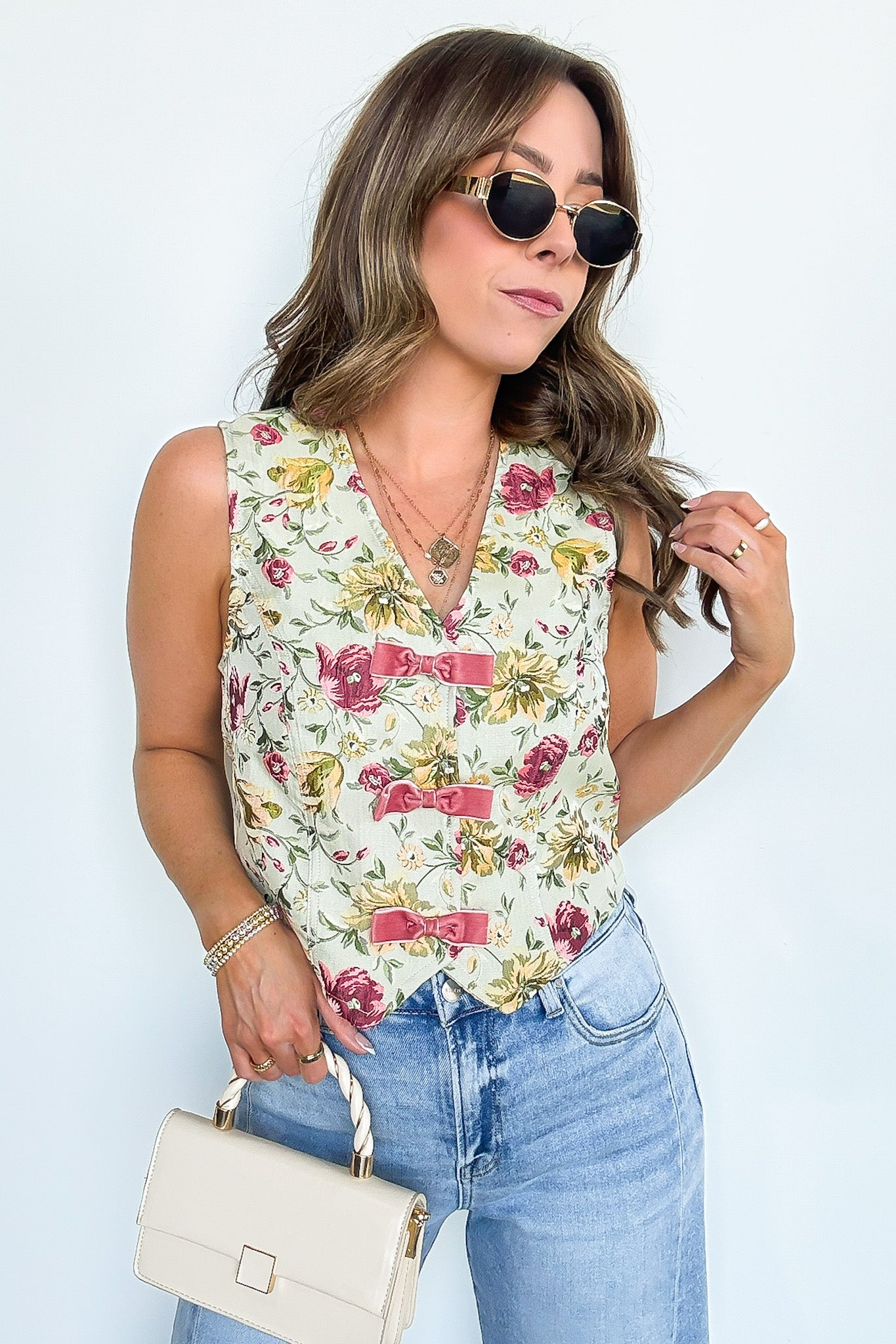 Sage Pink / S Garden Floral Jacquard Bow Vest - Madison and Mallory