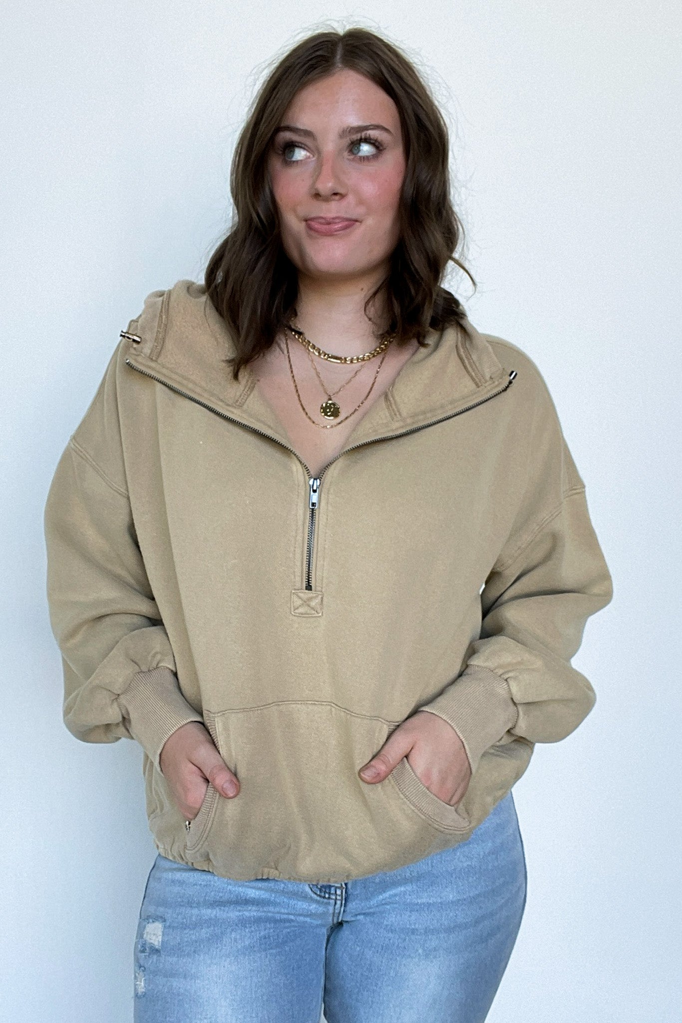 Maci Elastic Hem Half Zip Hooded Pullover - FINAL SALE - Madison and Mallory