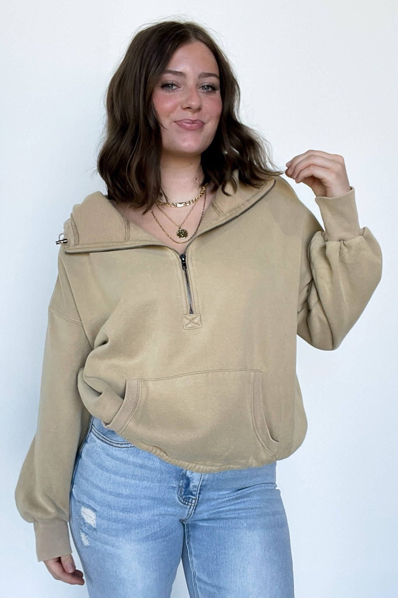 Maci Elastic Hem Half Zip Hooded Pullover - FINAL SALE - Madison and Mallory