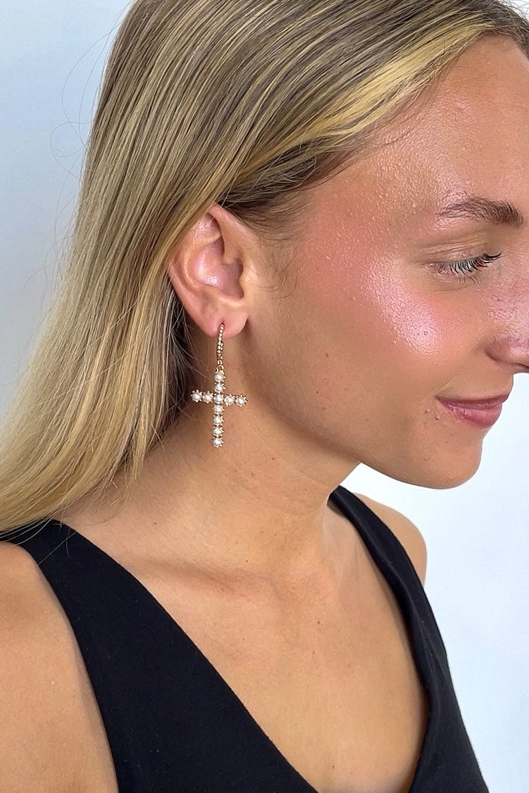 Glamorous Admiration Pearl Cross Hoop Earrings - Madison and Mallory