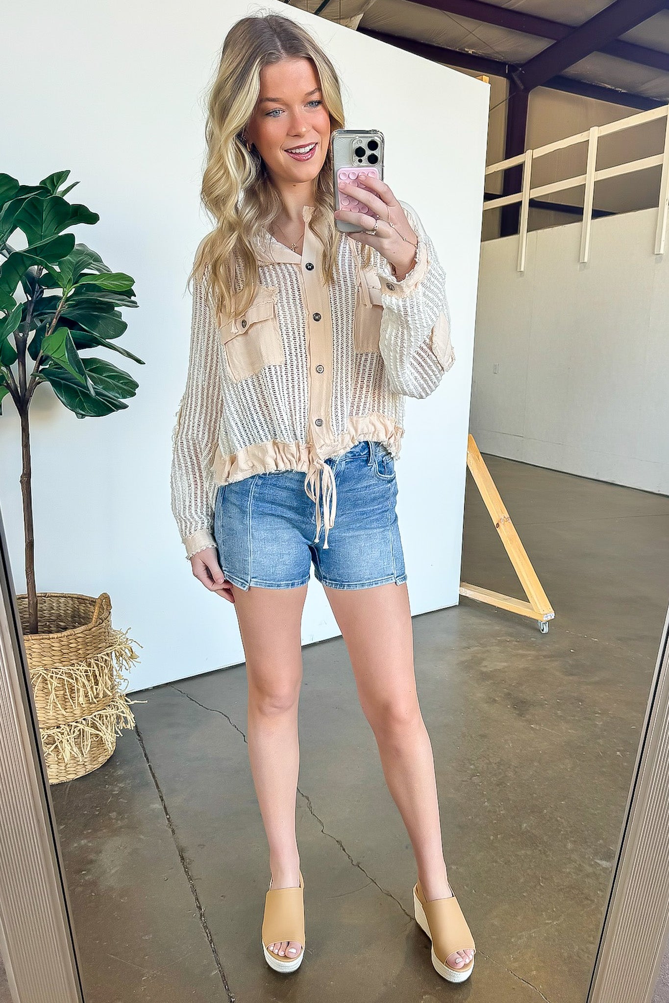 Millie Open Knit Drawstring Hem Button Down Top - FINAL SALE - Madison and Mallory