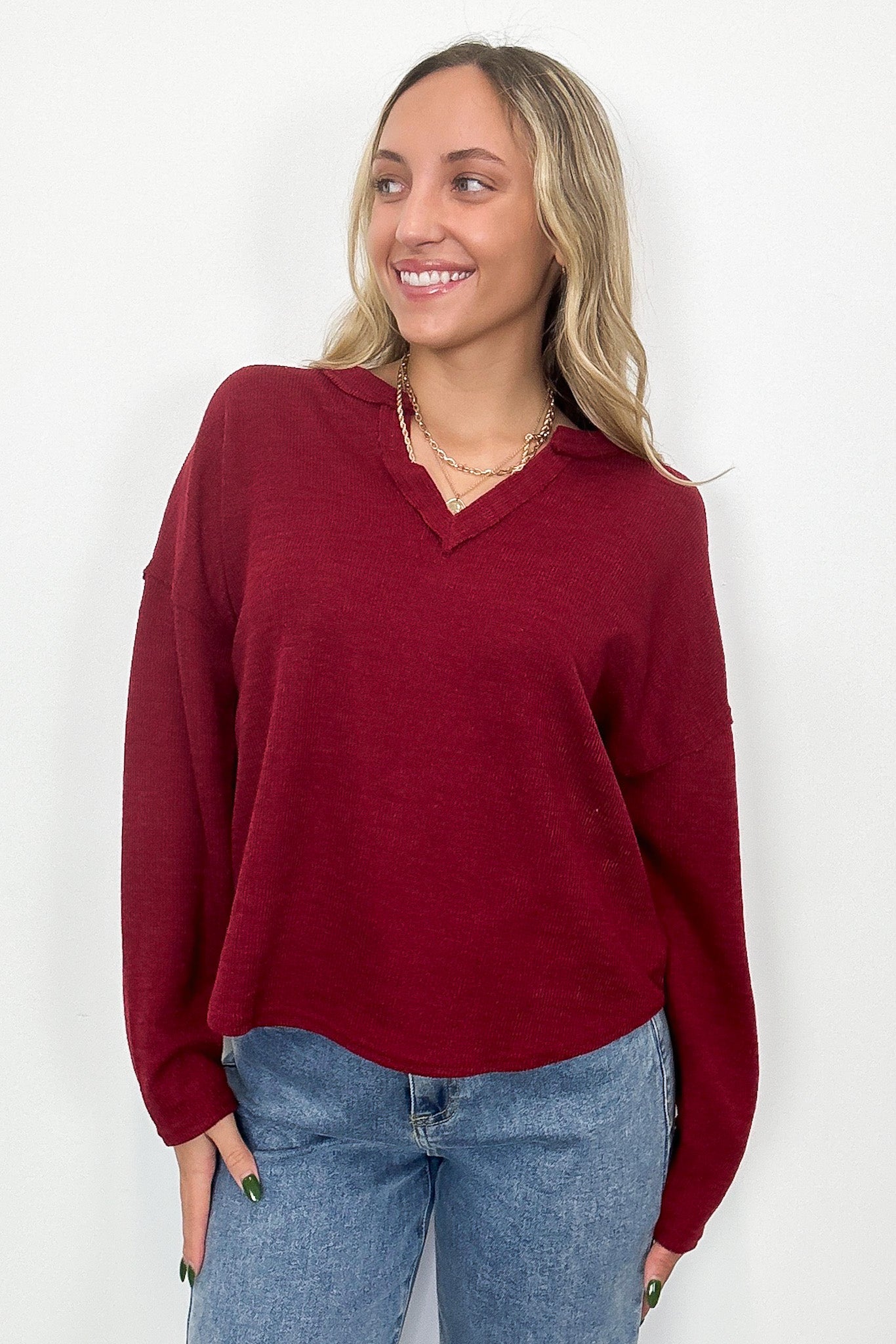 Burgundy / S Modern Muse Notch V-Neck Top - FINAL SALE - Madison and Mallory