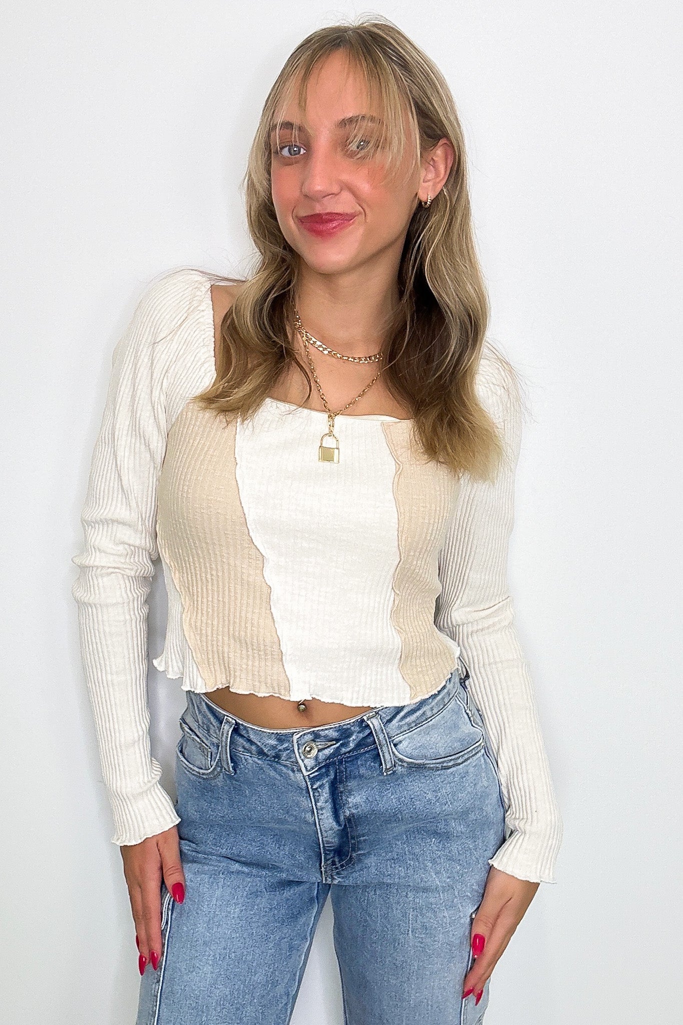 Sand/Taupe / S Posh Impression Merrow Color Block Knit Top - FINAL SALE - Madison and Mallory