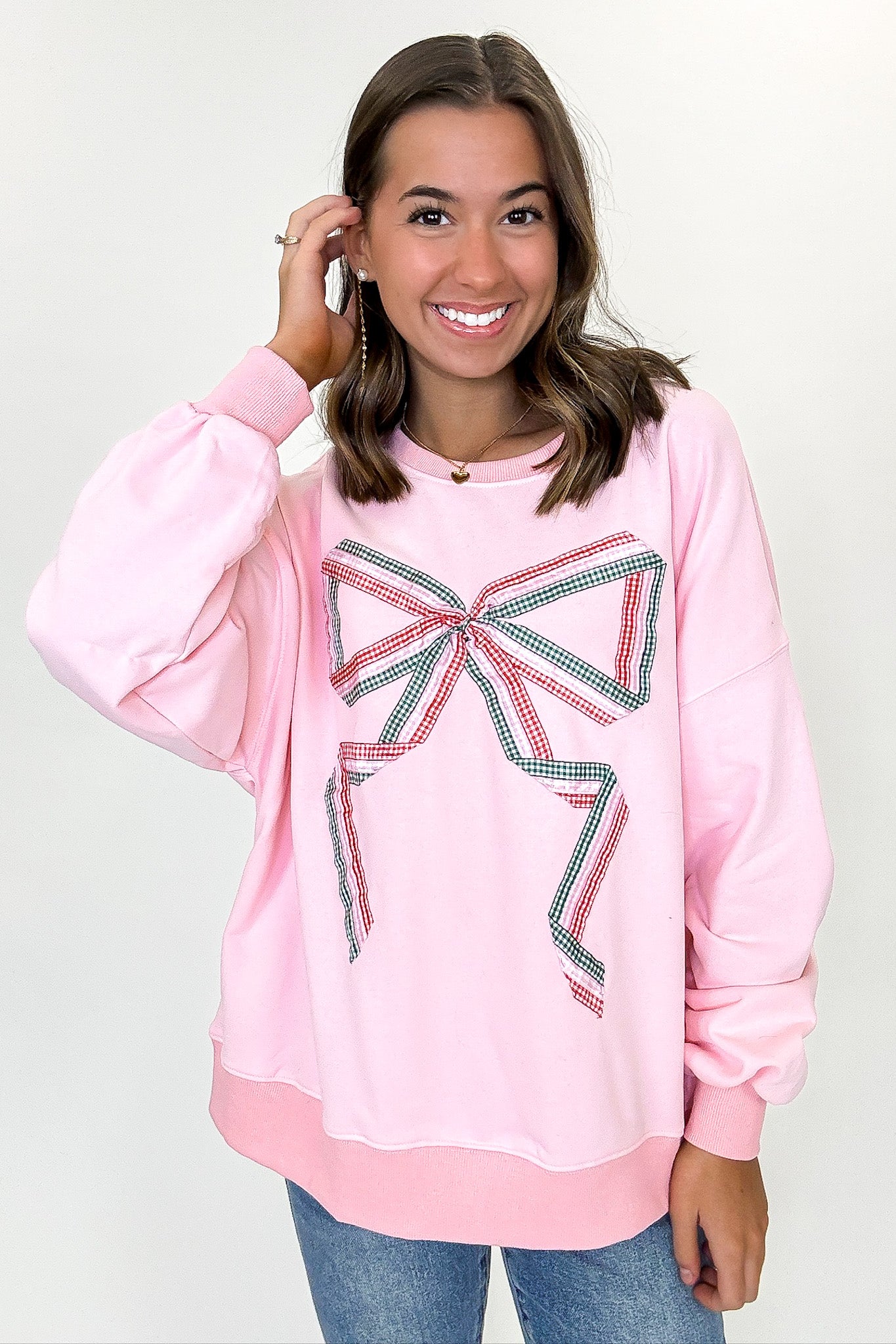 Jingle Bow Gingham Print Pullover