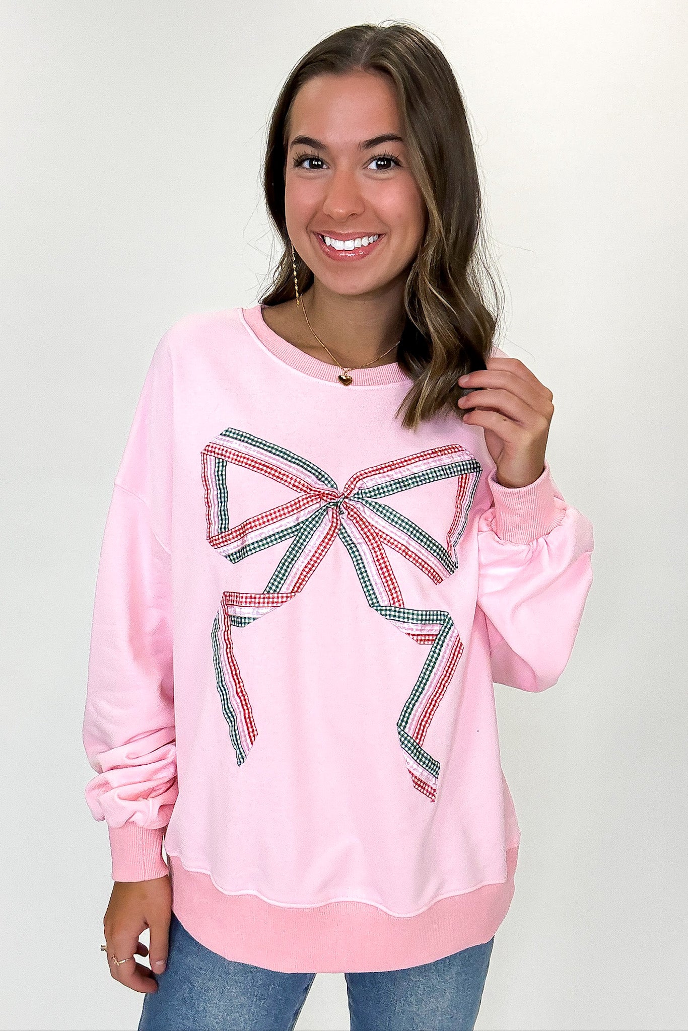 Jingle Bow Gingham Print Pullover
