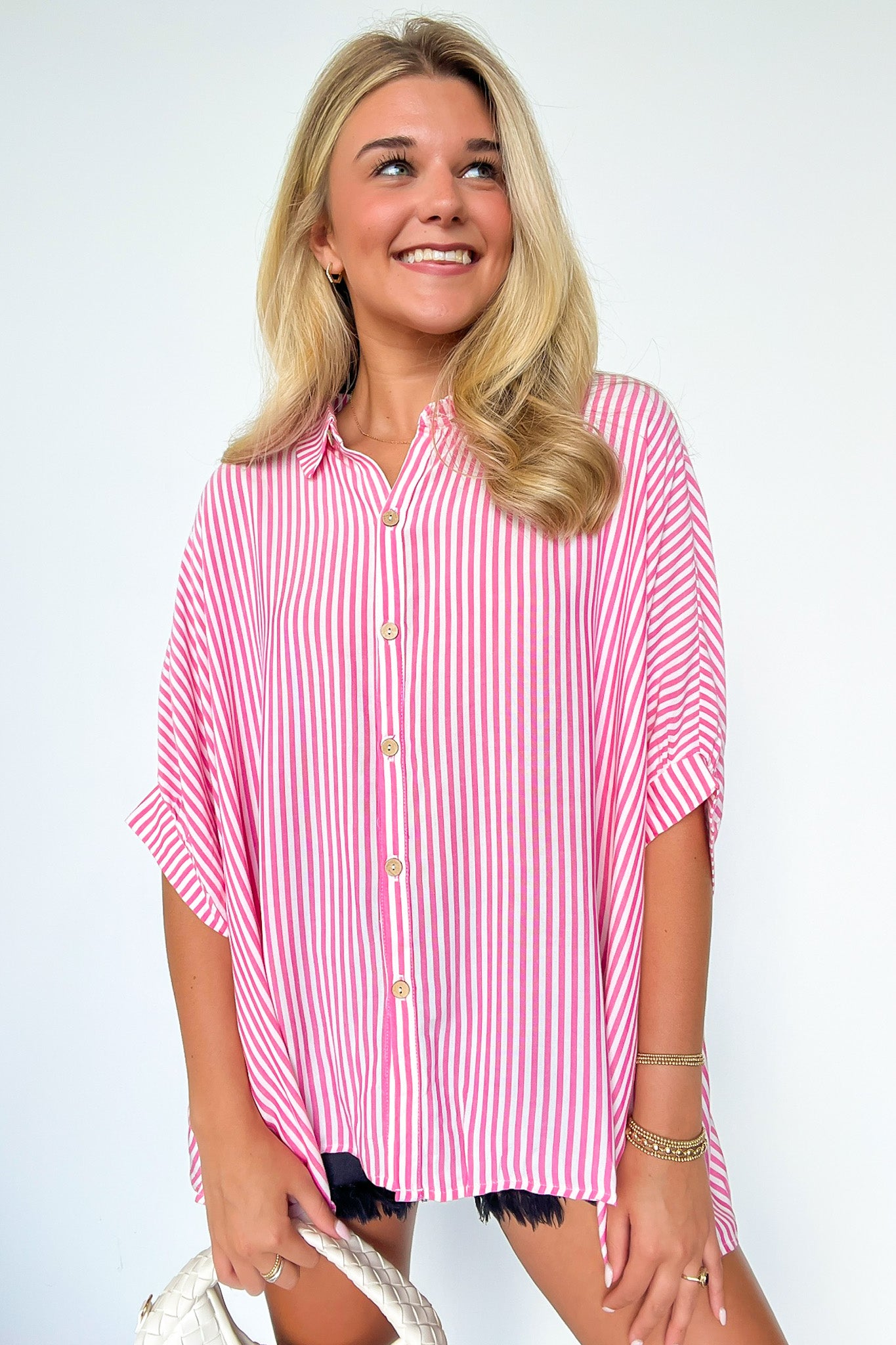Hot Pink / SM JoJo Striped Button Down Relaxed Top - BACK IN STOCK - Madison and Mallory